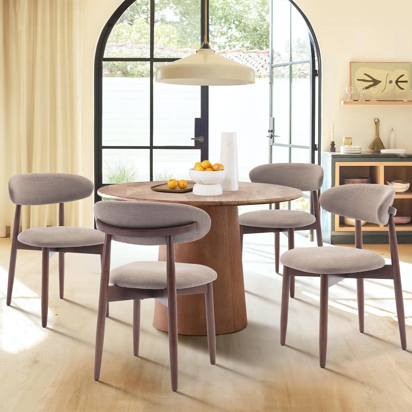 COLAMY Wooden Dining Chairs Set of 4, Modern Fabric Upholstered Dining Room Chair, Farmhouse Kitchen Chairs with Foot Pegs, Camel