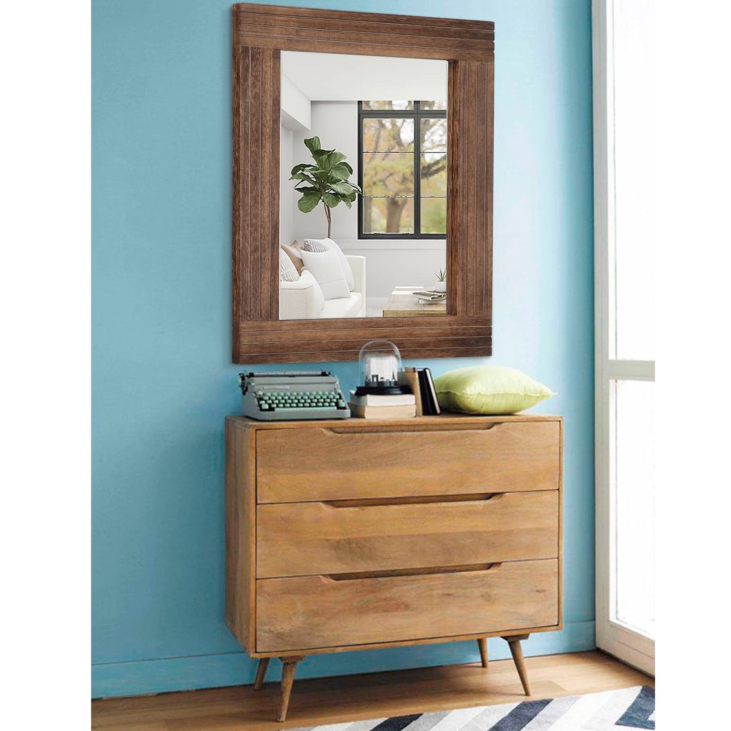 HLFMVWE Rustic Mirror Wooden Rectangular Antique Wall Mirror Frame Decor Farmhouse Bedroom Dresser Bedroom Entryway Mirror Large Brown 26"x18"