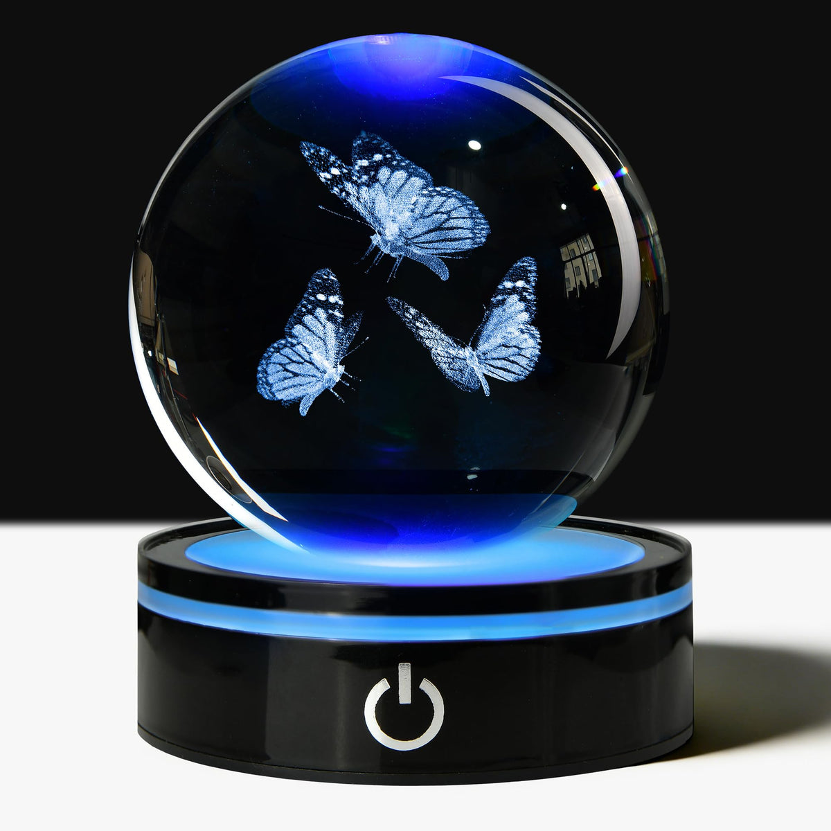 QIANCHANG 3D Butterfly Crystal Ball with LED Stand, 80mm K9 Crystal Glass Sphere Night Light Lamp, Butterfly Figurines Collectibles Gifts for Women Girls Mom Kids