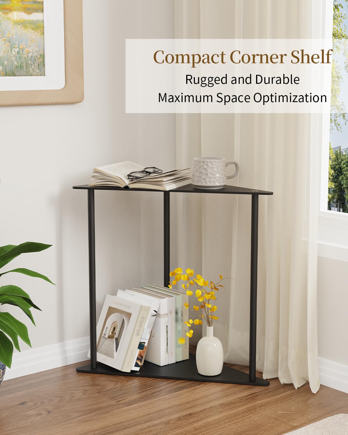 Yawinhe Metal Side Table,Triangle End Table with 2-Tier Storage Shelves,Triangular Nightstand Bedside Table for Small Spaces,Small Triangle Coffee Table for Living Rooms,Bedrooms,Black, SZJ202B-1