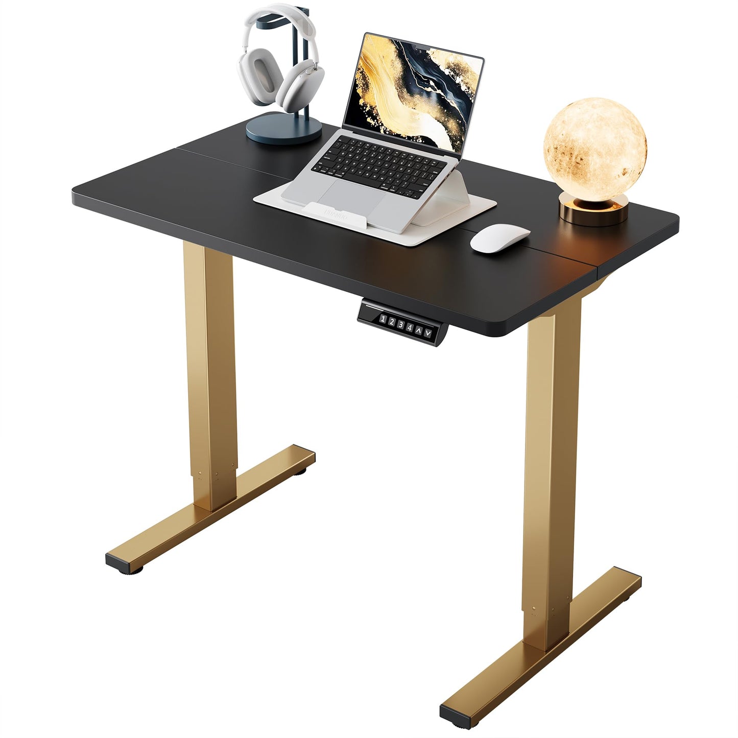 HUANUO 32" Small Electric Standing Desk Adjustable Height, 4 Memory Height Settings, Sit Stand Up Desk for Home Office & Computer Workstation, Black and Gold Frame