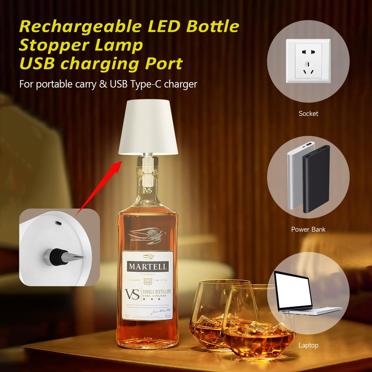 Hoide 2025 New Wireless Bottle Lamp - LED Bottle Lights for Liquor & Wine Bottles, Cordless Lampshade, Whiskey Bottle Top Light, Bottle Stopper Night Light Kit, Rechargeable 3-Tone Touch-Dimmable