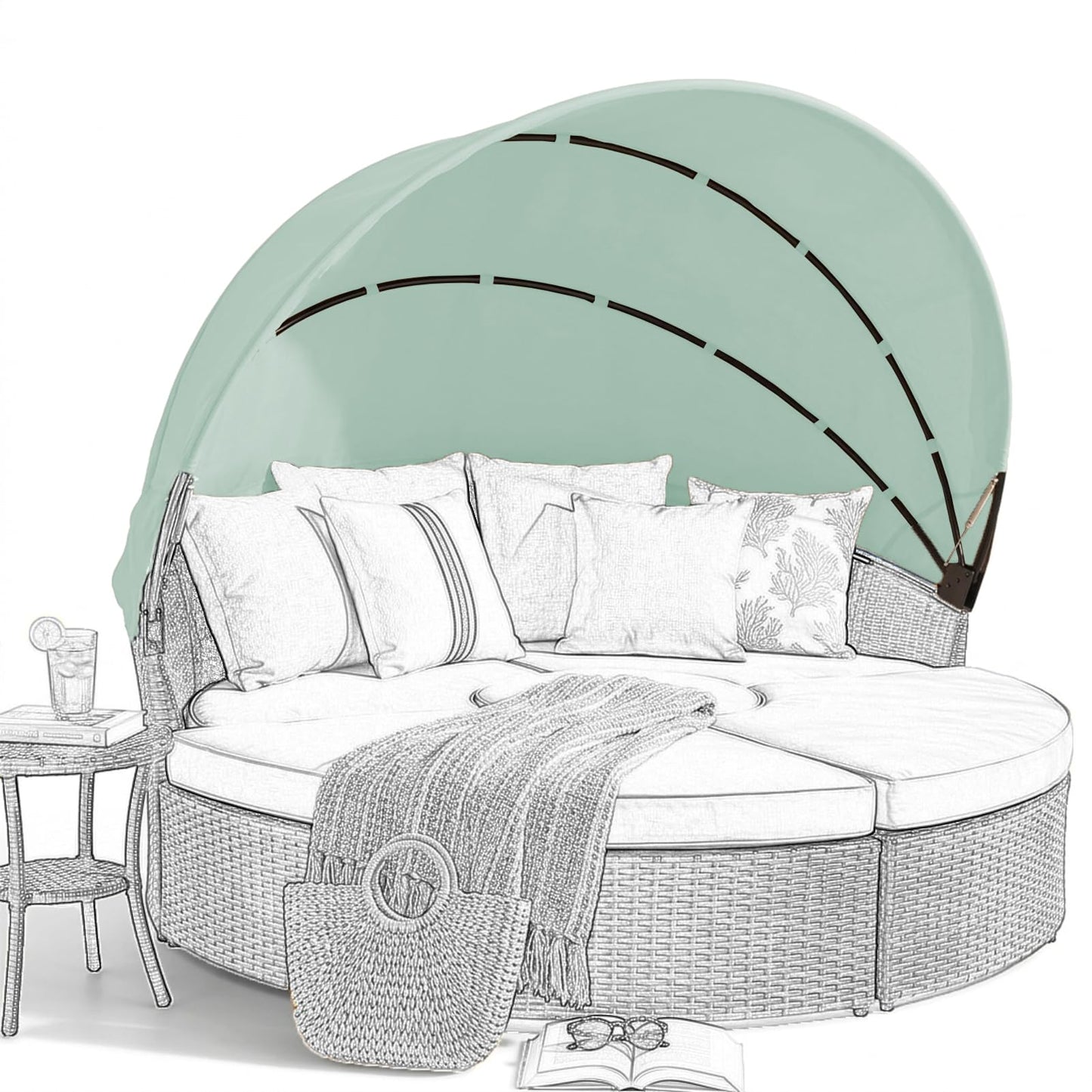 SWFEMWS Round Canopy Cover for 66"-75" Outdoor Daybeds, Water-Resistant & UV-Resistant, Easy Installation with Hook and Loop Straps, Fits Wicker Sunbeds, No Tools Needed
