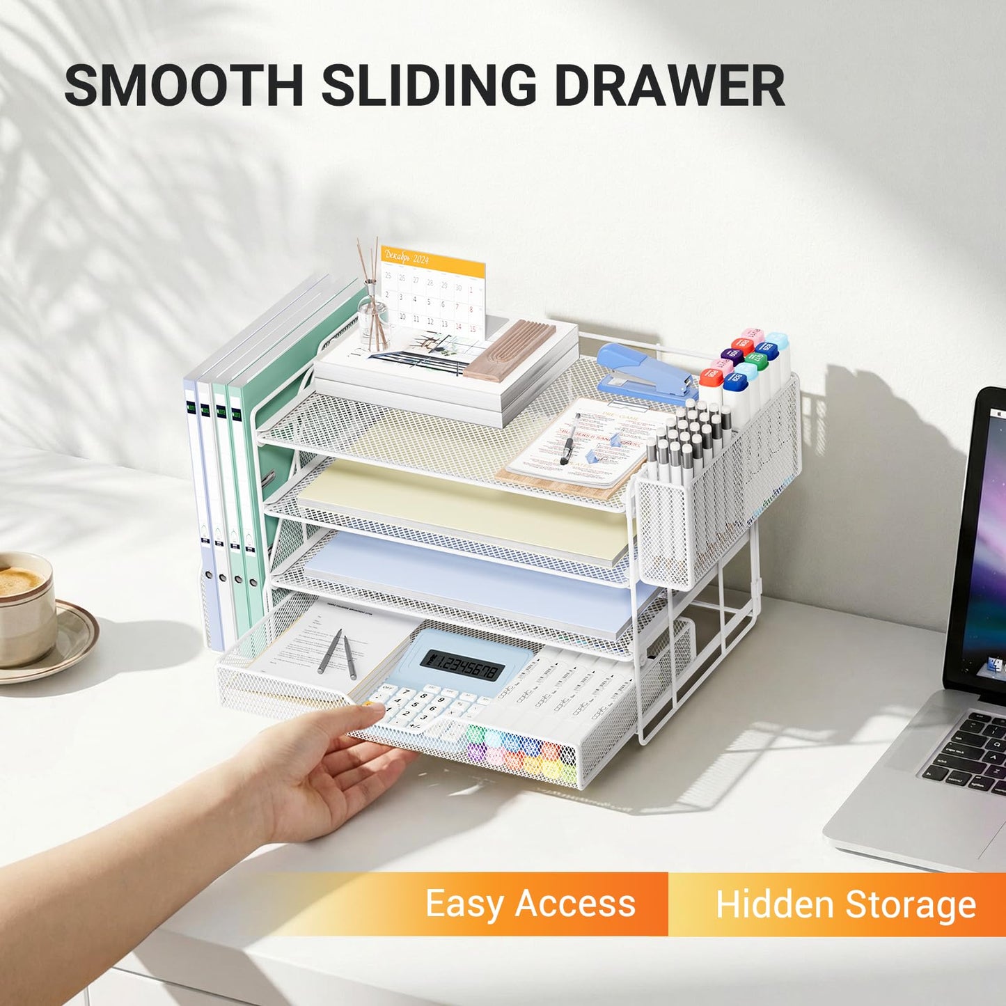 OPNICE 4-Tier Desk Organizer and Accessories, Desktop File Organizer with Drawer, Pen Holder and File Holder, Paper Letter Tray Organizer, Office Desk Accessories for Home Office Supplies, White