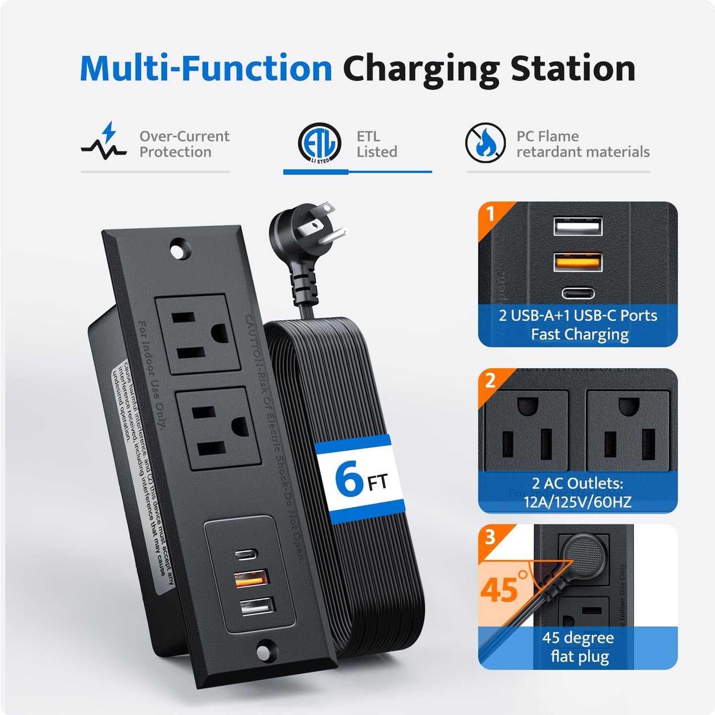 DOACE Recessed Power Strip with USB C Fast Charging Conference Recessed Outlet,Space-Saver for Furniture Side Table,2 AC Outlets,3 USB Ports,6ft Cord, for Home