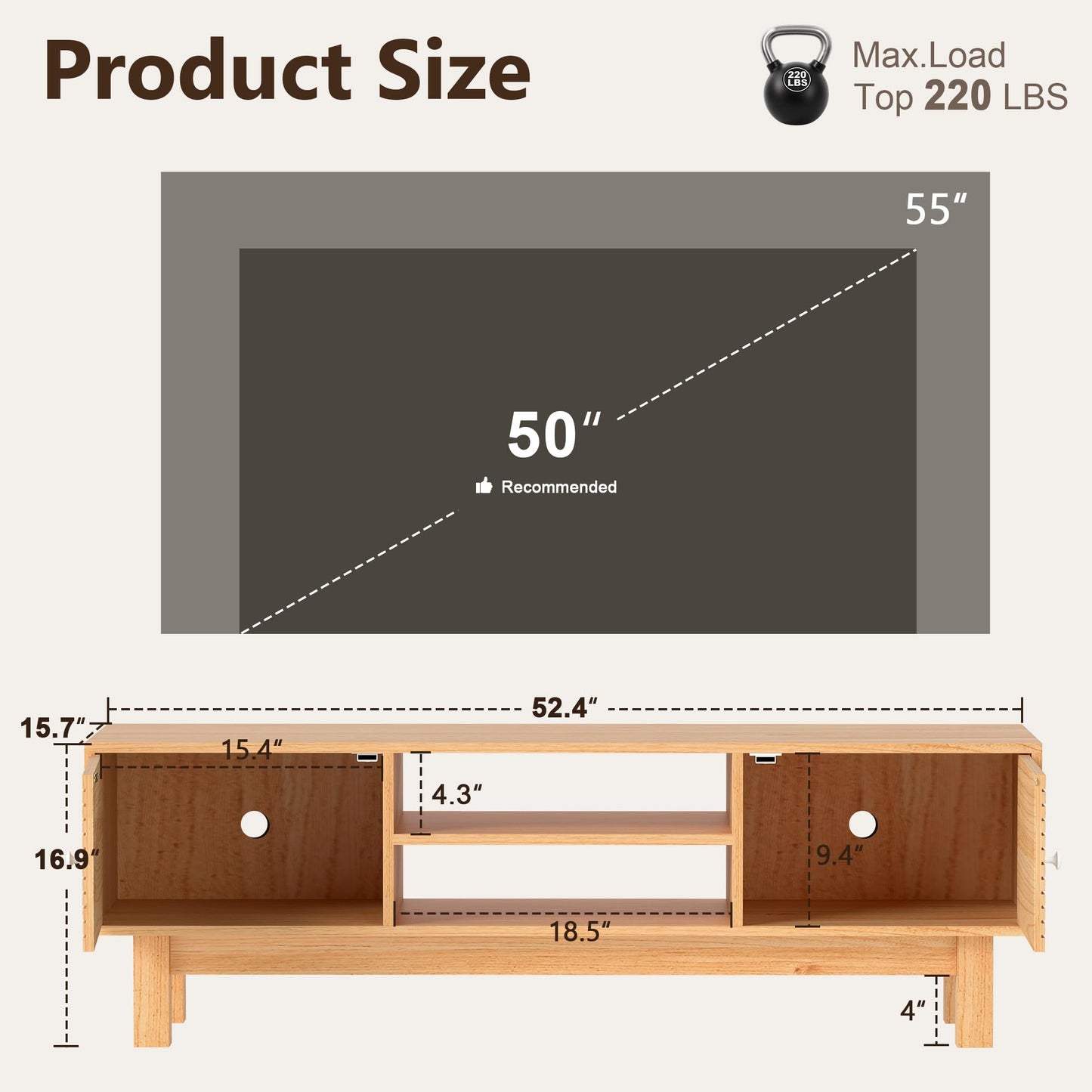 YOSHOOT Mid Century TV Stand for 55 inch TVs, Modern Entertainment Center with Storage Cabinets, Solid Wood Media Console with Open Shelves for Living Room & Bedroom, Natural