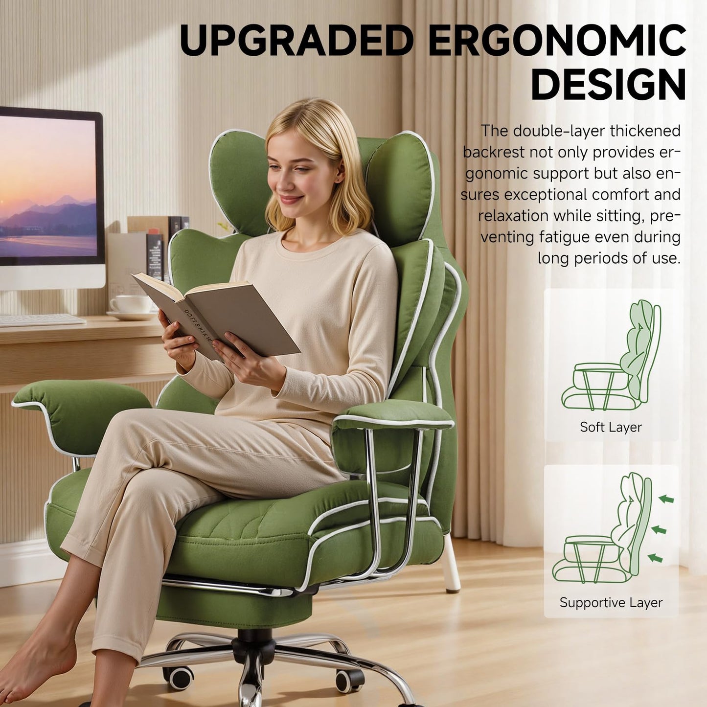 COMHOMA Big and Tall Gaming Chair with Pocket Spring Lumbar Support, Ergonomic Office Chair with Footrest, Executive Desk Chair with Outward Fixed Soft Armrests, Computer Chair with High Back, Green