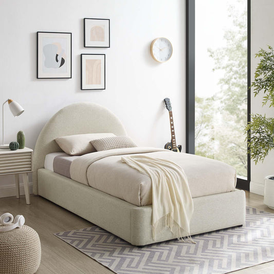 Modway Resort Twin Size Platform Bed with Arch Shaped Round Headboard in Heathered Weave Ivory, Woven Heathered Fabric Upholstery, Soft Cloud Bed Frame, No Box Spring Needed, Strong Wood Slats