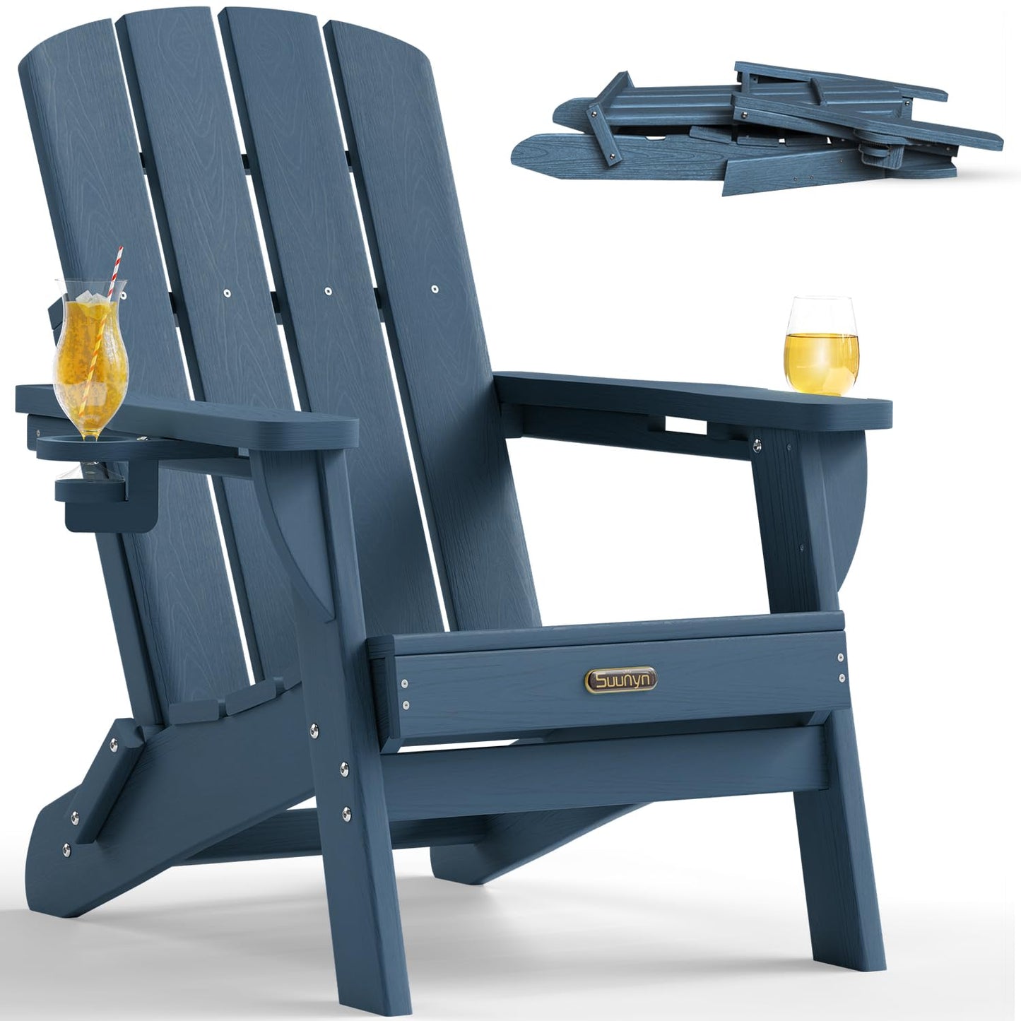 SUUNYN Folding Adirondack Chair, HDPE Adirondack Chairs with 2 Cup Holder, Plastic All-Weather Fire Pit Chairs, Outdoor Lawn Chair for Patio Garden (Navy Blue)