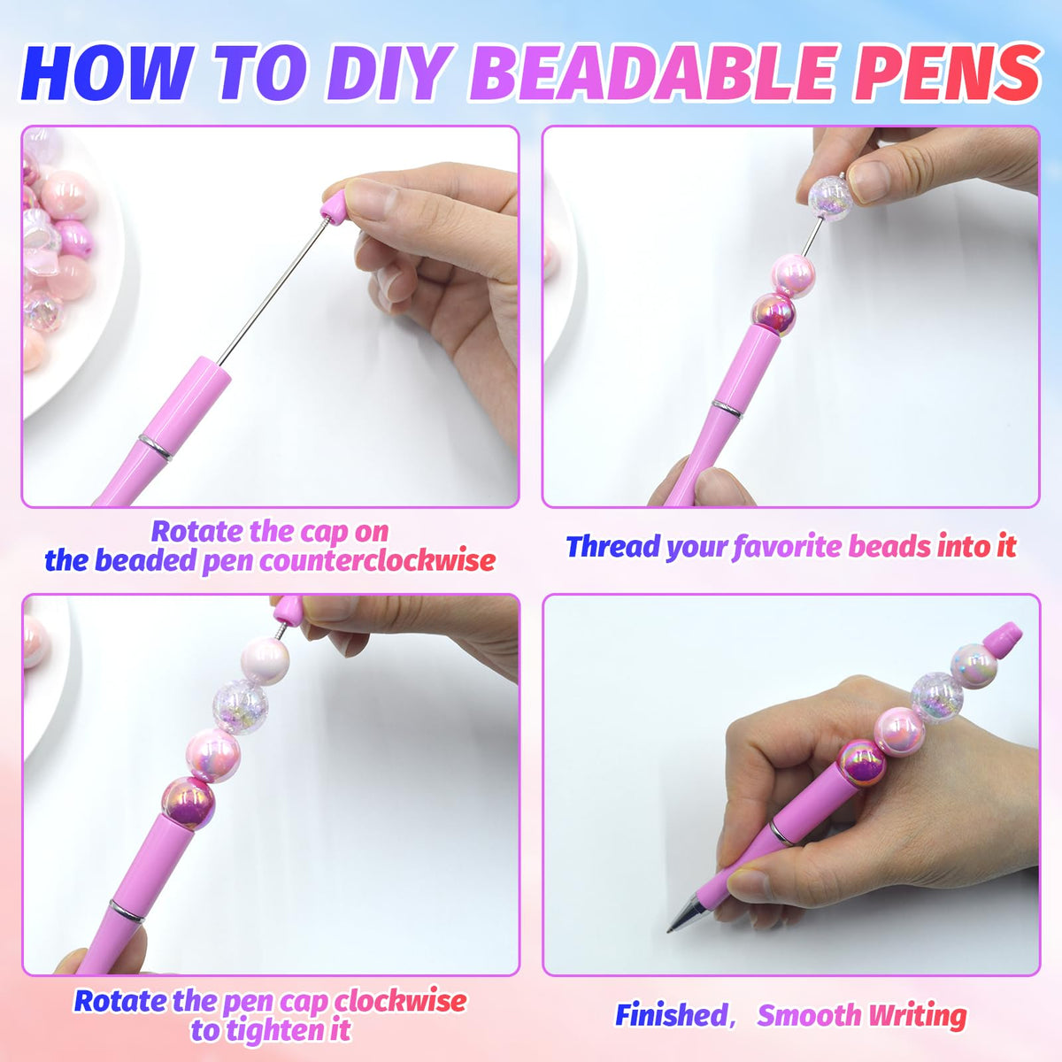 DASTTUIS 150 Pieces DIY Beadable Pen Kit – 50 Plastic Ballpoint Pens with Refills & Bags – School Supplies, Office Accessories & Decorative Items for Students & Teachers （Sweet）