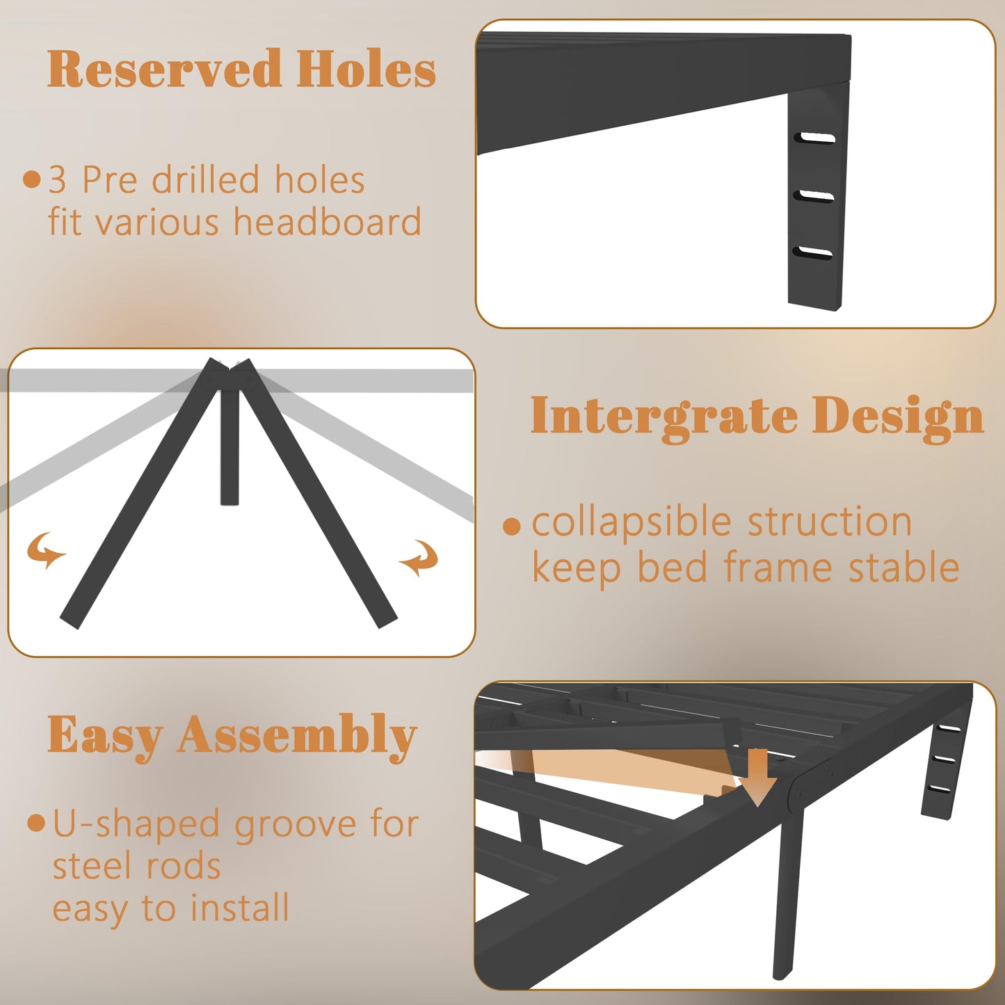 KOSOSO 10 Inch Full Size Bed Frame, Black Bed Frame Full with Metal Gaskets, No Box Spring Needed, Rounded Corner Design, Heavy Duty Steel Platform Support, Reserved Holes, Storage Space, Noiseless