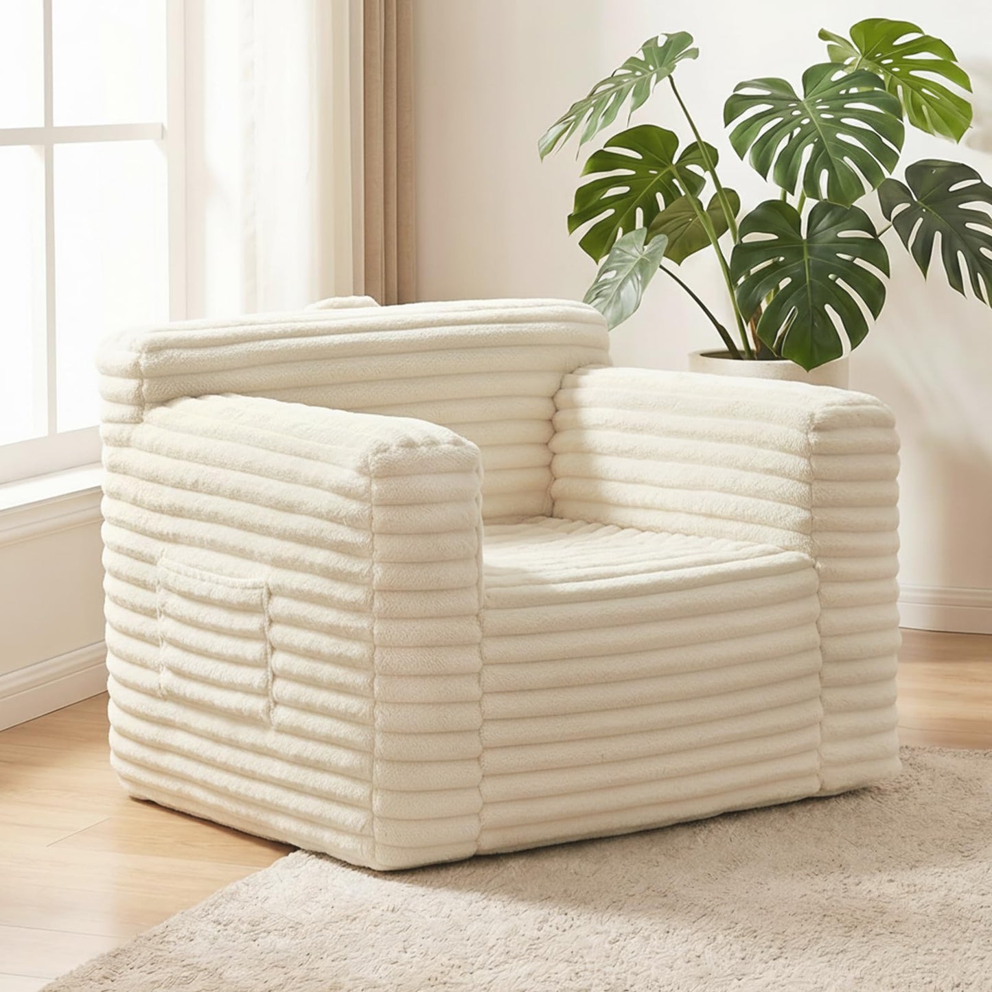 Tiita Bean Bag Chair for Adults, Foam Lounge Chair with Back Support and Armrests, Soft Corduroy Cover, Removable Washable Sofa Chair for Reading, Gaming, Living Room & Bedroom, Beige