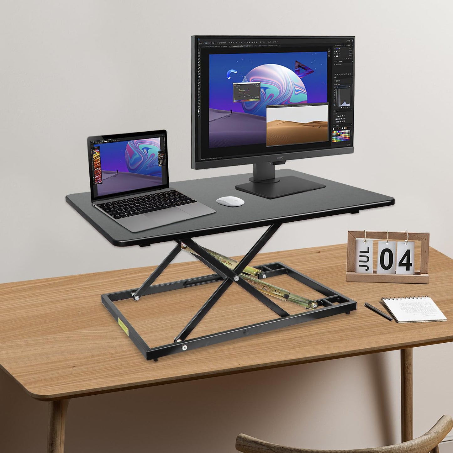 STANDNEE 32in Desk Riser for Standing or Sitting, Large Standing Desk Converter, Height Adjustable Sit Stand Desk Converter, Fully Assembled Monitor Laptop Riser Workstation for Home Office, Black