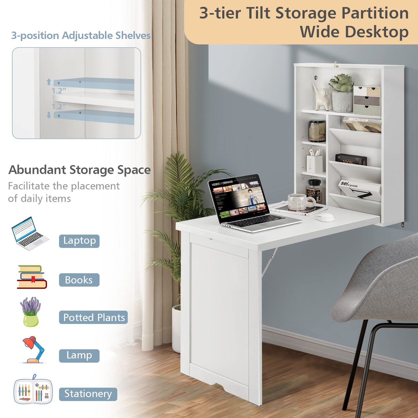 GOFLAME Wall Mounted Folding Desk, 3-Tier Tilt Storage Partition With Adjustable Shelves, Space-Saving Floating Laptop Desk, Convertible Writing Table for Home Office, White