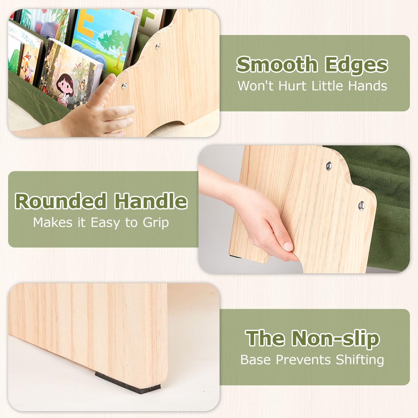 BeMarve Toddlers Bookshelf 100% Solid Pine Wood Montessori Nursery Bookcase 4-Tier Large Capacity, Sling Book Rack Organizer with Wavy Safety Edges for Kids Playroom Bedroom Classroom, Sage Green
