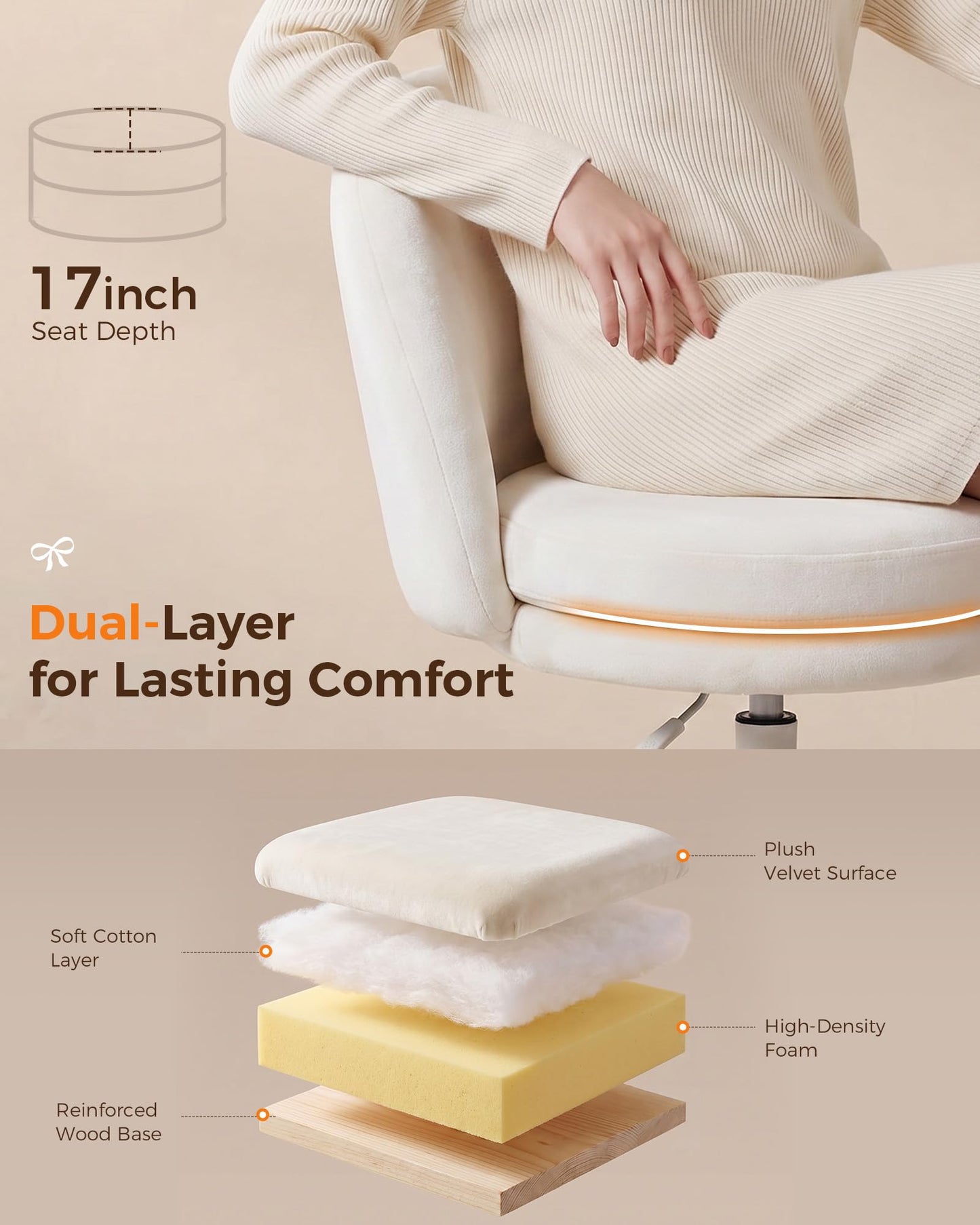 GTPLAYER Velvet Tall Office Chair with Wheels Vanity Chairs with Back, Versatile Height Use: Office to Bar Stools Small Ergonomic Comfy Armlees Computer Desk Chair with Bow Lumbar Pillow for Gift