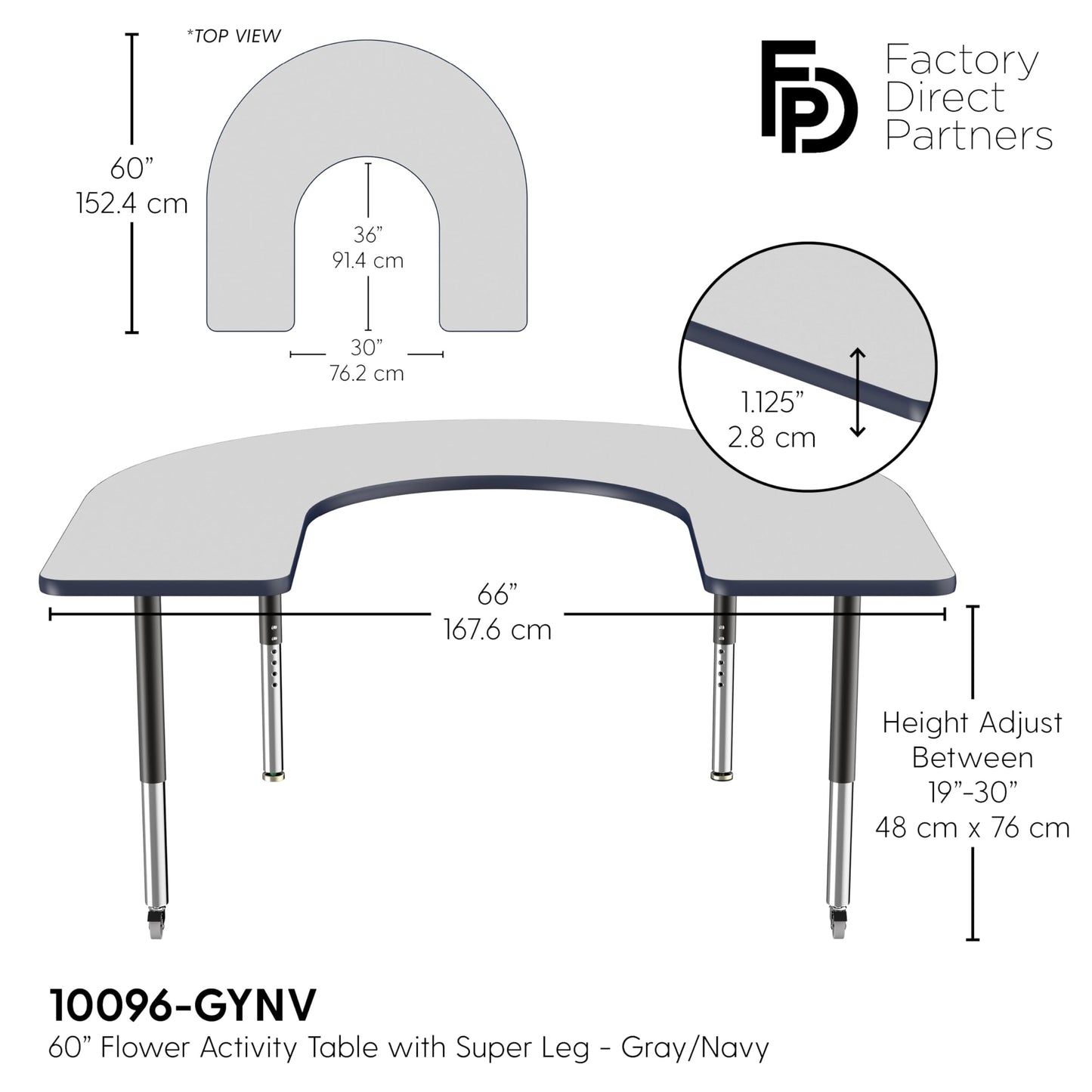 FDP Mobile Horseshoe Activity School and Office Table (60 x 66 inch), Super Legs with Glides and Casters for Collaborative Environments, Adjustable Height 19-30 inches - Gray Top and Navy Edge
