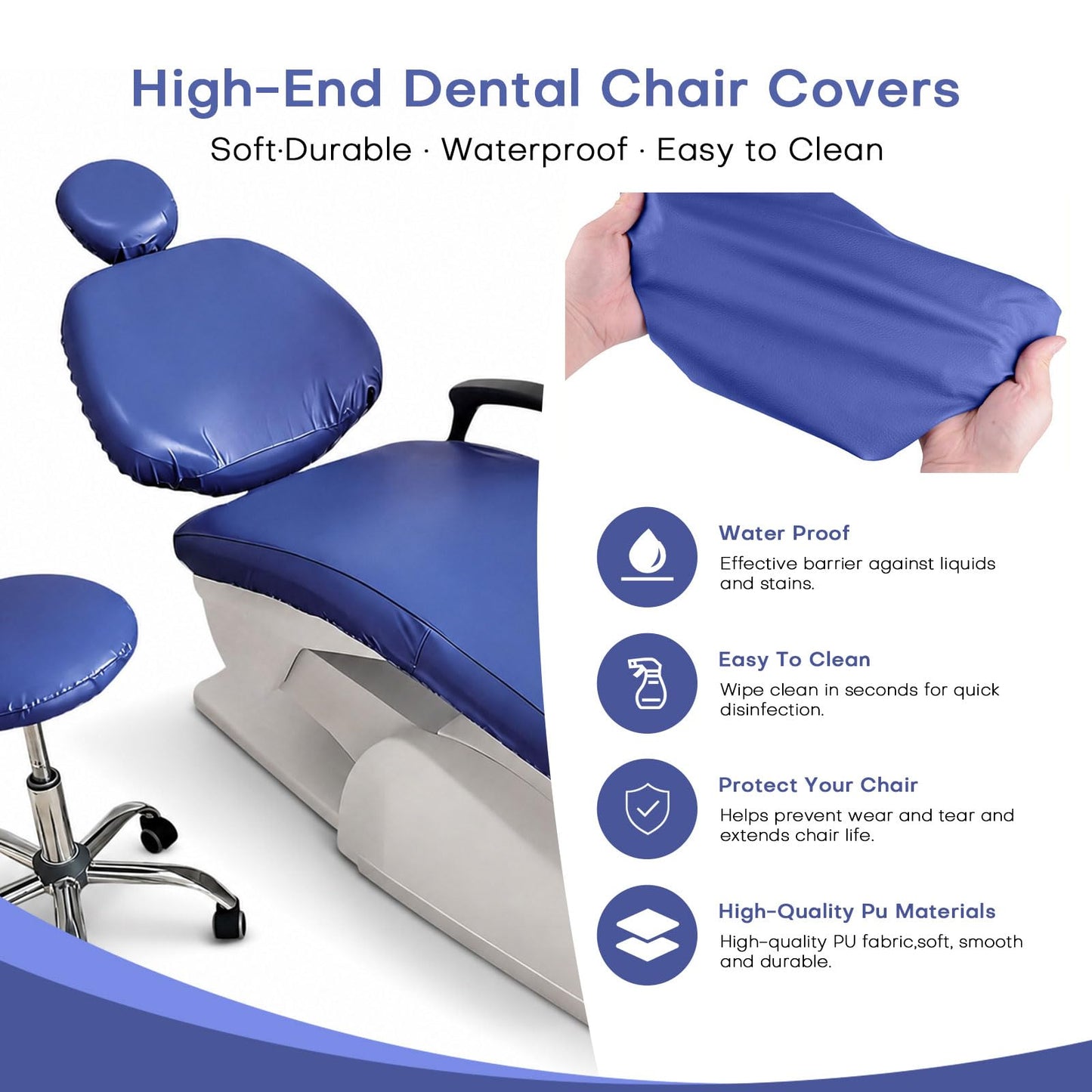 buyzg 5Pcs Dental Chair Covers Set - Waterproof & Non-Slip PU Leather Elastic Full Covers with Foot, Seat, Headrest & Backrest Protectors for Dental Clinic Chairs(Deep Blue)