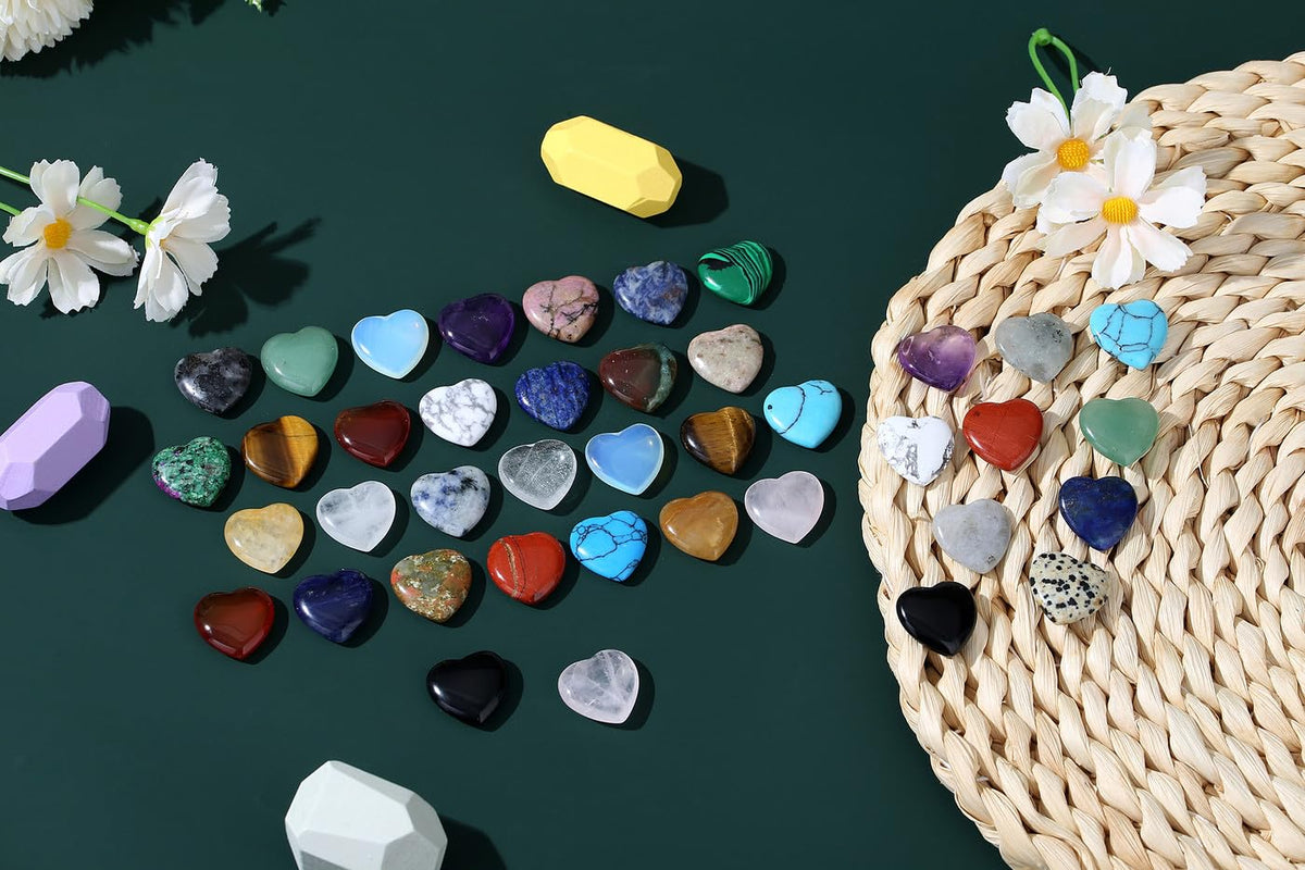 NUKAYAI 40 PCS Healing Crystals Mother Gemstones Love Heart Shaped Trinket Rose Quartz Amethyst Set Wholesale Worry Stone Reiki Healing Crystal Cute Bulk Meditation Mother's Day Gifts for Women