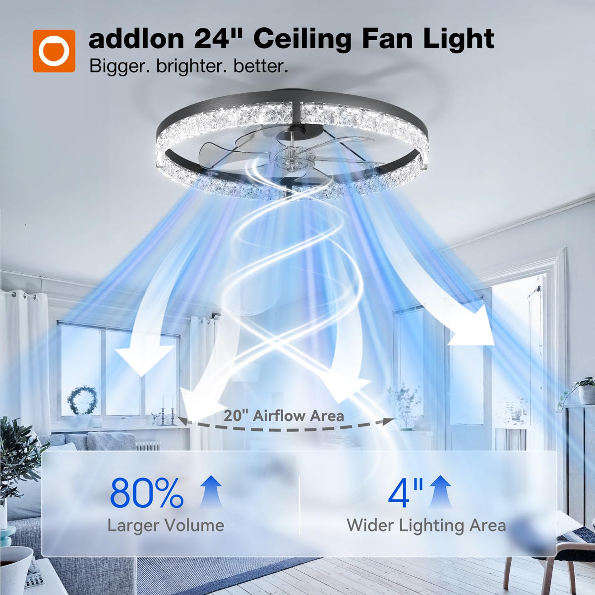 addlon Ceiling Fans with Lights and Remote, 24'' Low Profile Flush Mount Ceiling Fan, 3000–6000K Dimmable LED Fandelier, Bladeless Crystal Fan Light for Bedroom, Kitchen, Living Room, Black