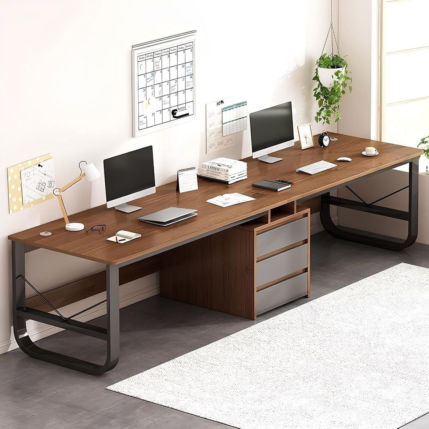 Wall Mounted Folding Table Floating Table Adjustable Steel Bracket,Modern Double Person Office Desk 200CM Long Computer and Game Desk with 3 File Drawers Large Wooden Workbench for Home and