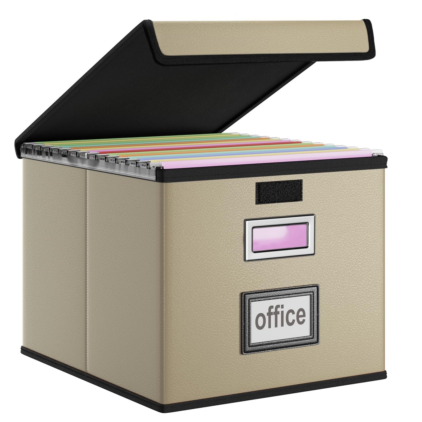 Huolewa Faux Leather File Organizer Box with Lid, Collapsible Hanging File Folder Box Organizer with Plastic Slides, Decorative Home/Office Filing System Boxes for File and Folder Storage-Khaki