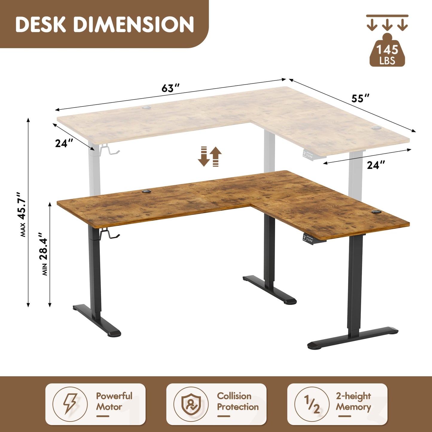Furmax 63 x 55 Inch L Shaped Standing Desk with 2 Preset Heights, Electric Height Adjustable Computer Table, 2 Hooks & Feet Balance, Corner Sit Stand Desk for Home Office (Rustic Brown, 63 x 55 Inch)