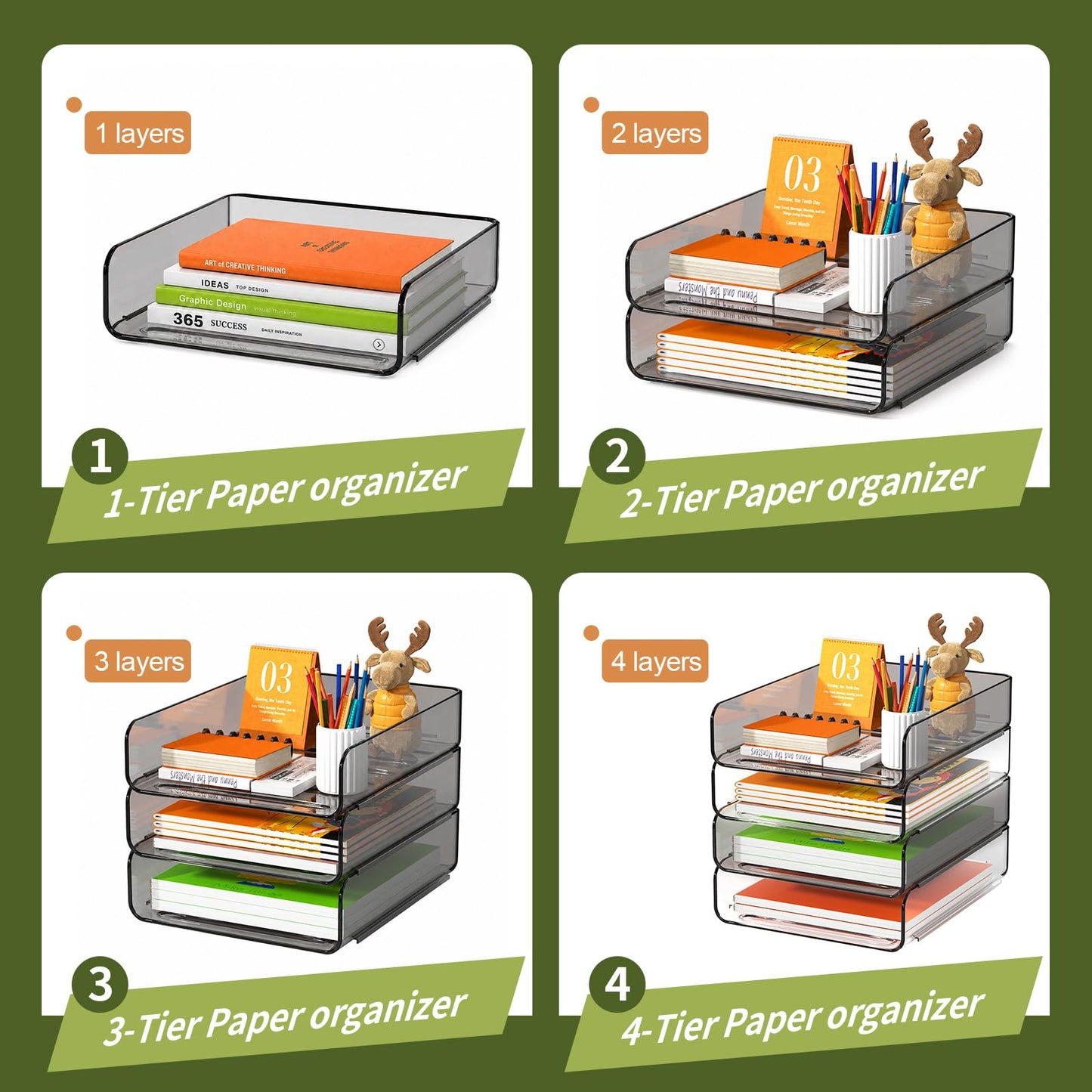 FANXIYQ 4-Tier Acrylic Paper Tray Organizer, Clear & Brown Stackable Desk Organizer for Documents, Files, A4 Paper, Mail, Books & Office Supplies, Office Classroom Home