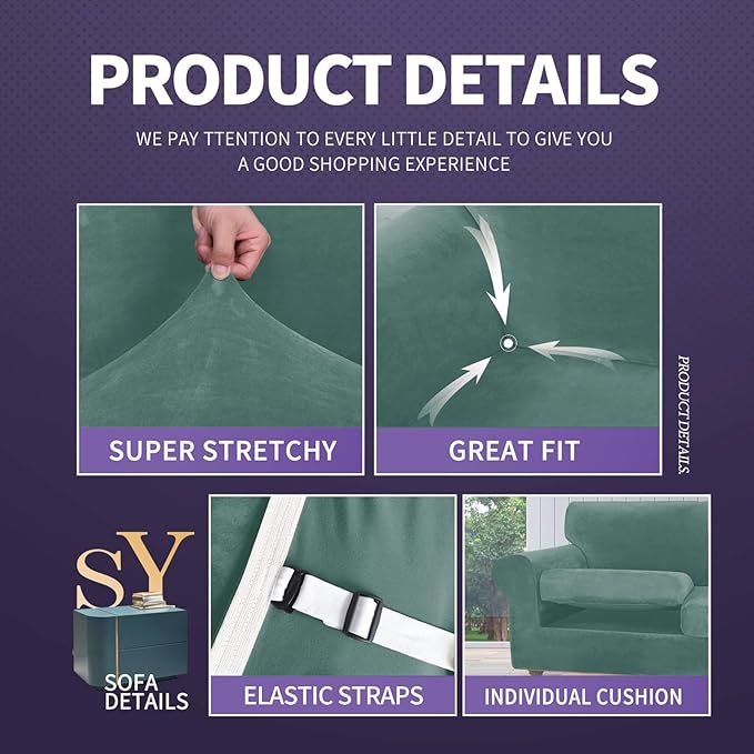 ZNSAYOTX Luxury Velvet Couch Cover 4 Piece Stretch Sofa Covers