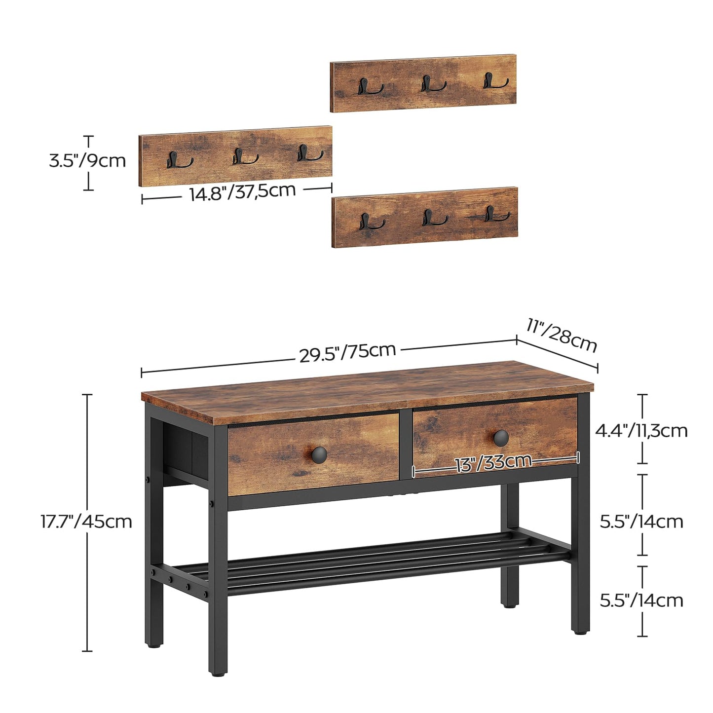 YATINEY Hall Tree with Bench and Shoe Storage, Entryway Bench with Coat Rack, 4-in-1 Coat Rack Shoe Bench, Multifunctional, for Front Door, Hallway, Foyer, Rustic Brown and Black MT05BR
