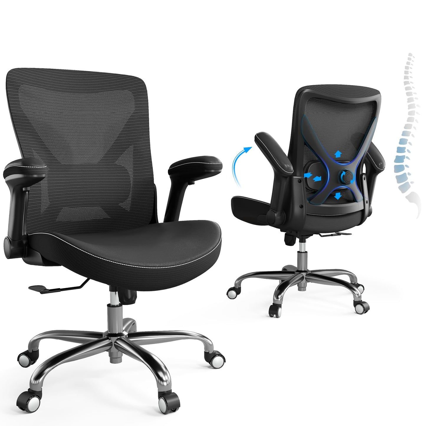 Ergalithic Office Home Ergonomic Desk Chair-Computer X-Shaped Chair Mesh PU Leather with Adjustable Lumbar Support-Executive Chair High Back Flip-Up Arms for Long Hours (Black-No Headrest)
