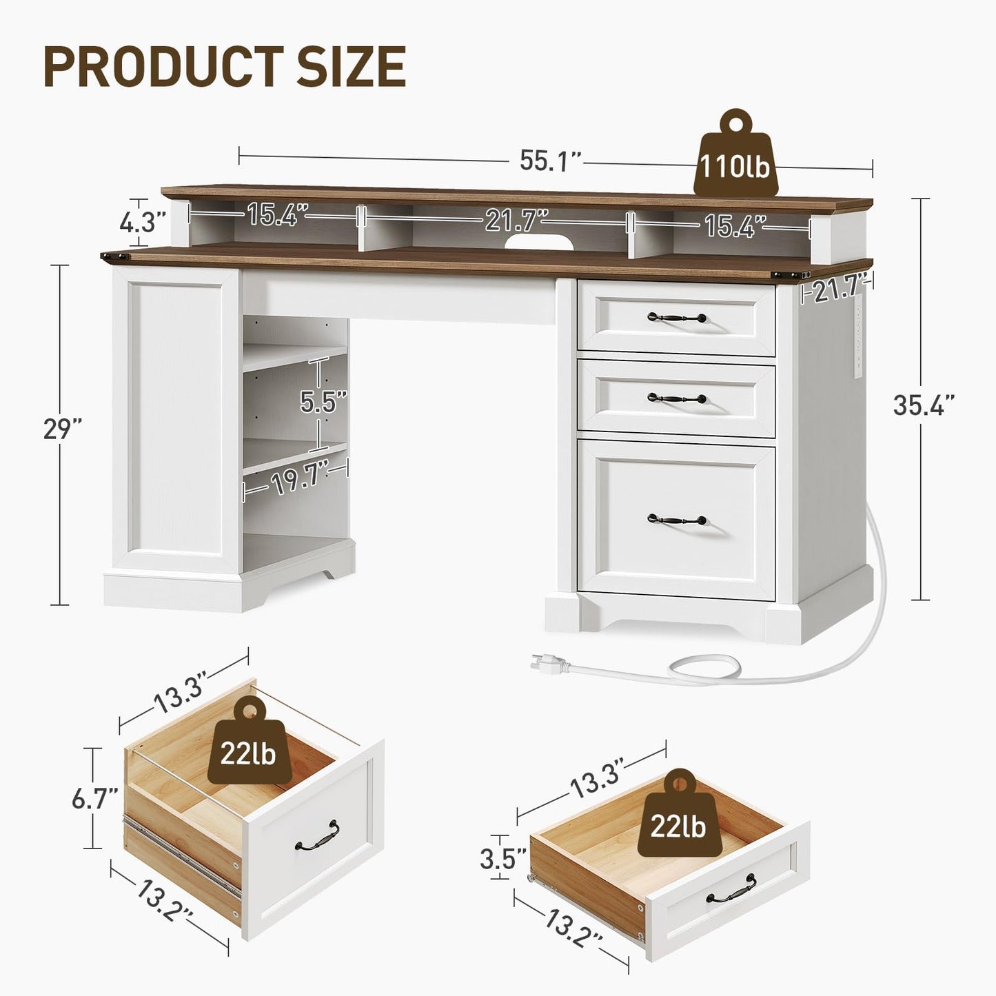 RALGEND 55'' Farmhouse Executive Desk with Drawers, Computer Desk with File Cabinet and Side Bookshelf, Writing Gaming Desk with Monitor Stand & Charging Station, White and Walnut