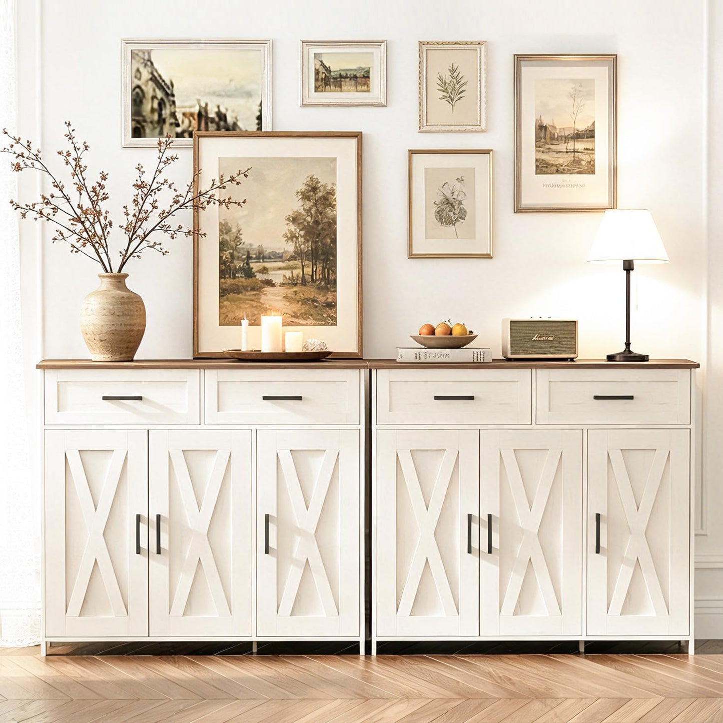 Homhedy Sideboard Buffet Cabinet, Coffee Bar Storage Cabinet with Drawers and Doors, Farmhouse Kitchen Cabinet with Adjustable Shelves, for Kitchen, Dining Room, Living Room, Rustic White and Brown