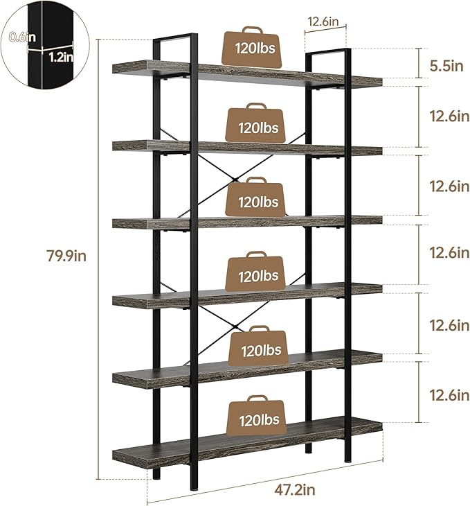 OtterOasis Bookshelf Set, Heavy Duty 6-Tier Industrial Bookcase, 120lbs Shelf