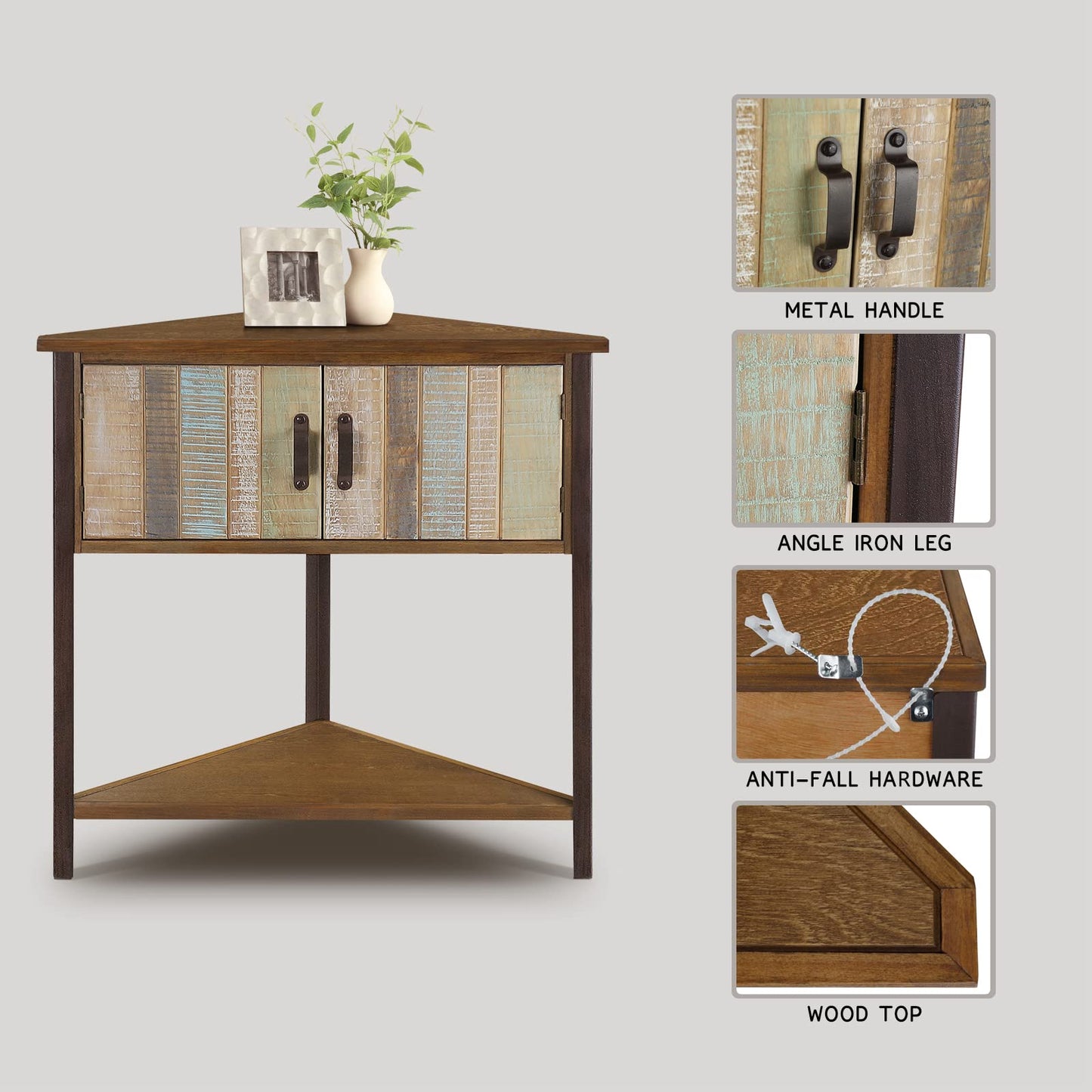Giofanzo Solid Wood Corner Cabinet with Storage - Entryway Cabinet with Storage, Small Space Solution for Living Room, Apartment, Rustic Cabin Style Accent Table (Natural Blue)