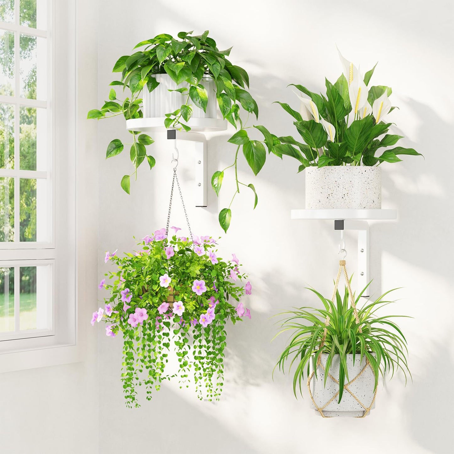 LASZOLA Plant Hangers Holder Wall Mounted Indoor, Metal Window Plant Shelves, 2Pcs Modern Floating Flower Display Stand with 2 Hooks for Outdoor Kitchen Bathroom Decor, White
