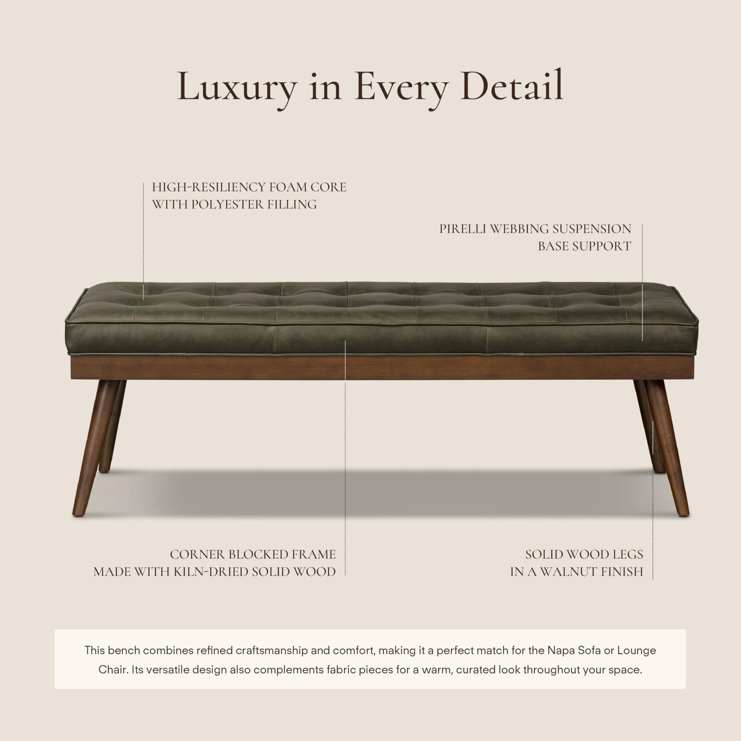POLY & BARK 55" Tufted Leather Bed Bench for Bedroom End of Bed - Living Room Entry Way Bench - Pure Italian Leather Upholstery with a Solid Wood Frame - Ottoman Bench with Wooden Legs - Olivine Green
