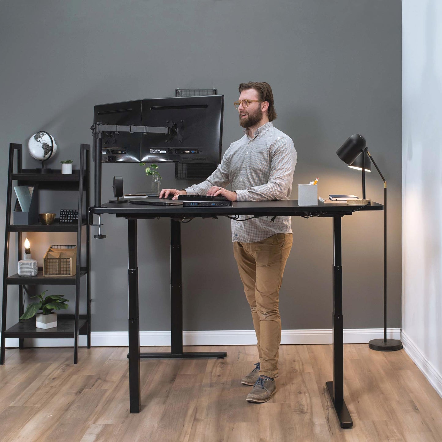 VIVO Electric Height Adjustable 83 x 60 inch Corner Stand Up Desk, 2 Dark Gray Solid Table Tops, White Frame, Memory Controller, L-Shaped Workstation, 3E Series, DESK-KIT-3E8WG