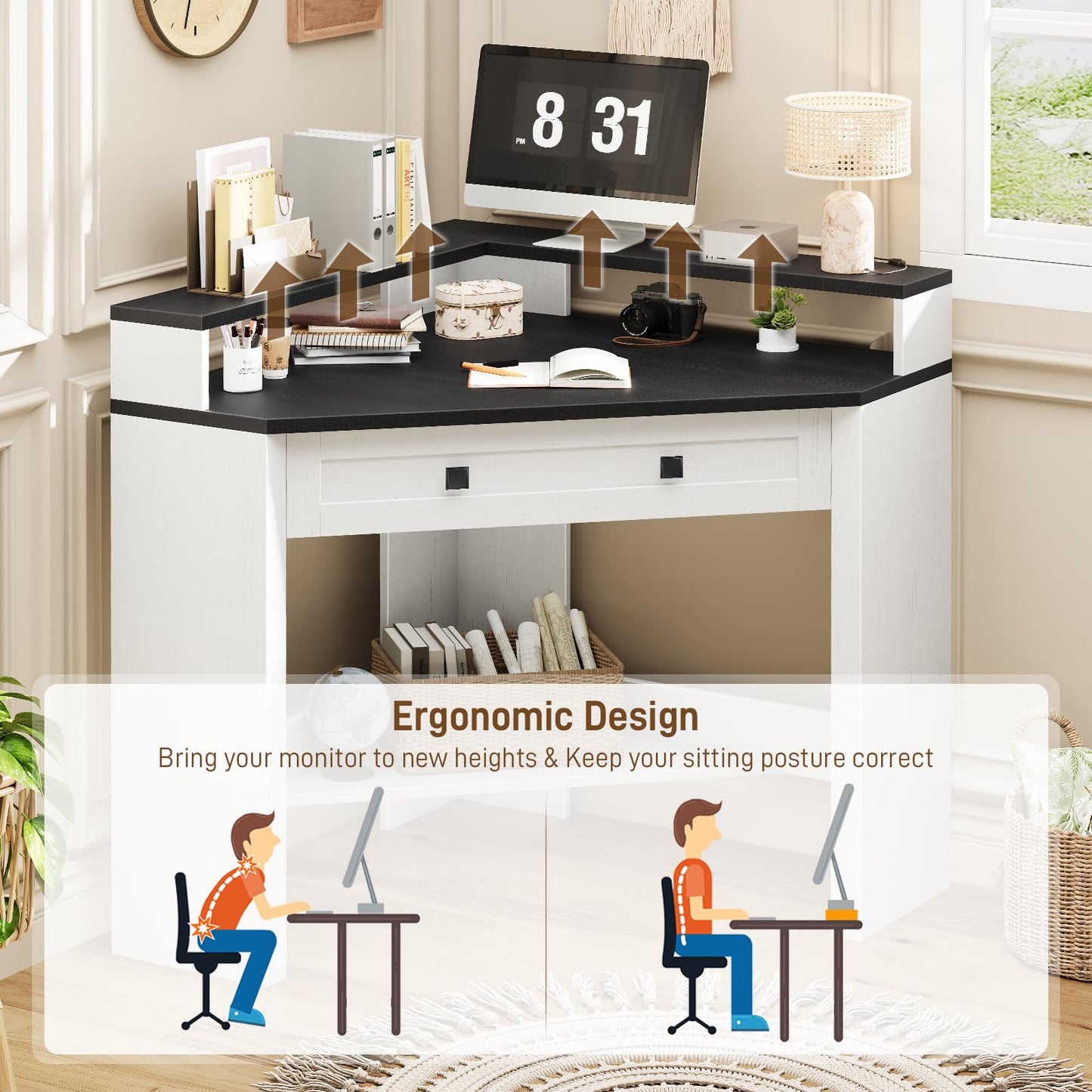 Small Corner Desk, Corner Desk for Small Space, Farmhouse Computer Desk with Drawer, Triangle Computer Desk with Storage Shelf and Monitor Stand for Home Office, Living Room (Rustic White/Black)