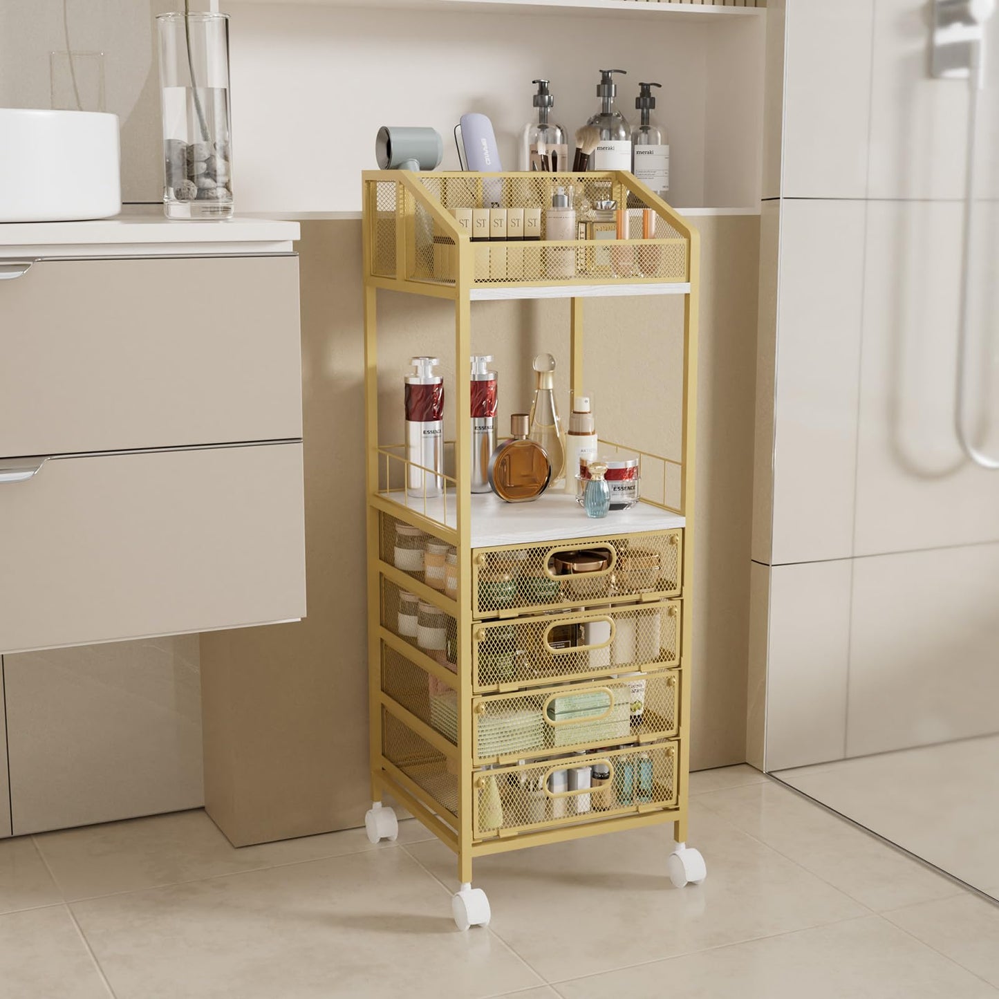 HapiRm Makeup Organizer Storage Cart - Floor Skincare Make Up Storage with 4 Drawers, Rolling Makeup Cart Vanity Organizer Cosmetics Display Cases Holder for Skin Care Perfume Nail Polish, Gold