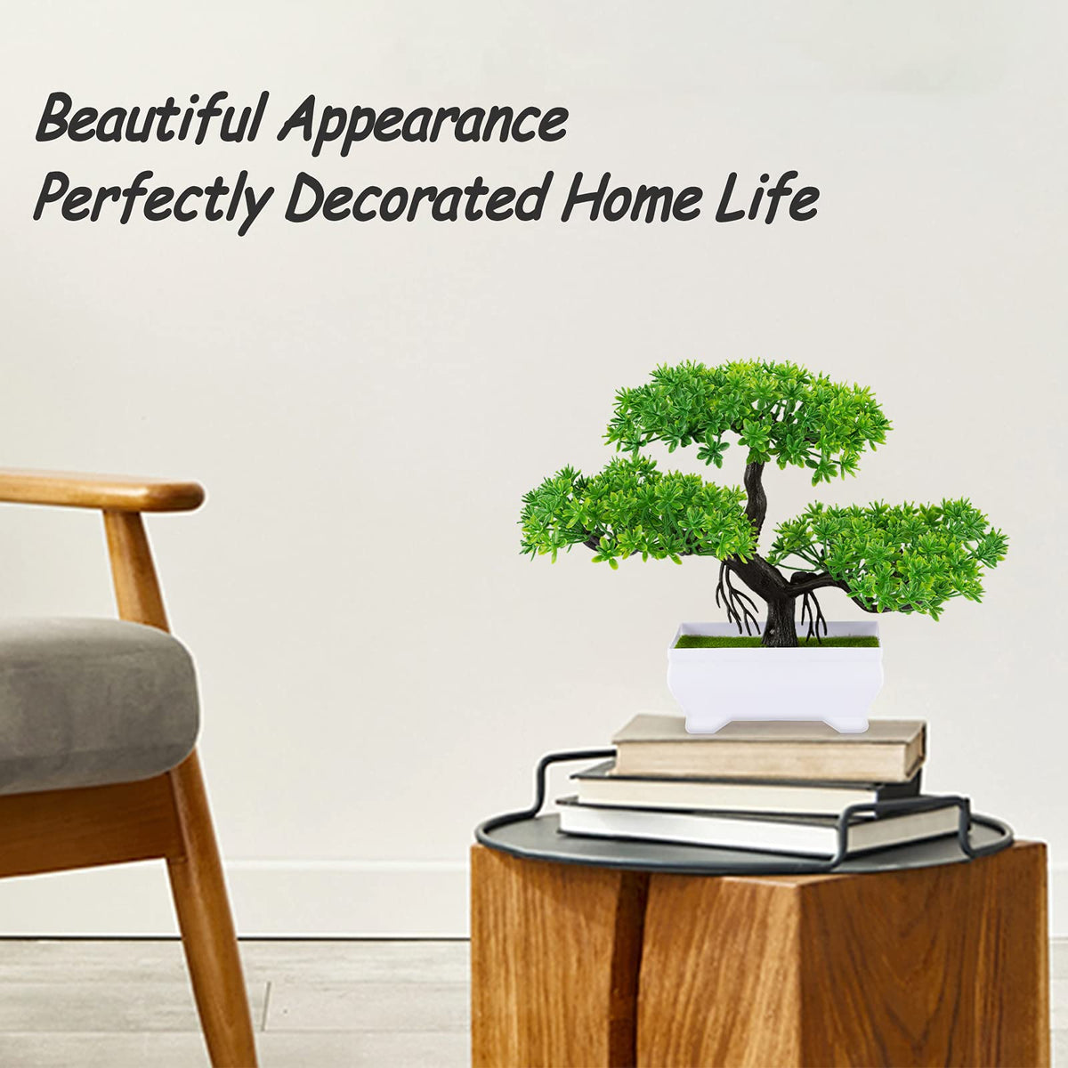 Frjjthchy Mini Artificial Bonsai Tree Plants with Plastic Cement Pots for Home Office Décor (Green)