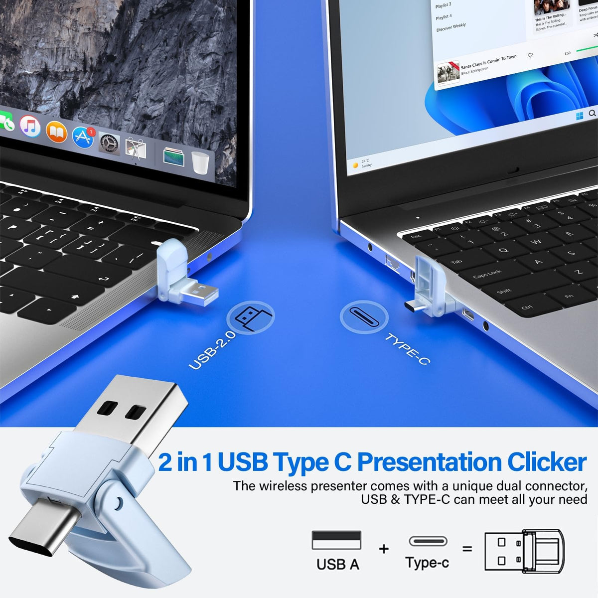 2-in-1 USB Type C Presentation Clicker, Wireless Presentation Clicker PowerPoint Presenter Remote with Volume Control, Powerpoint Clicker with Slide Advancer for Computer/Laptop/Mac,Purple