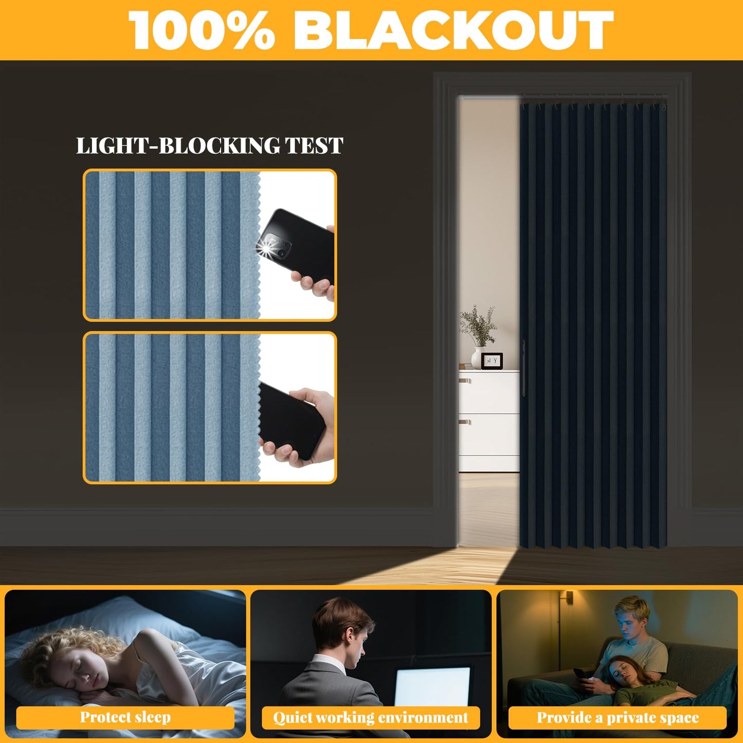 AJAZZ 100% Blackout Accordion Doors Interior Magnetic Door Curtain Closet Door Curtain Invisible Applicable Bedroom Room Living Room Doorway （Blue 42" W x 78" L 1 Panel