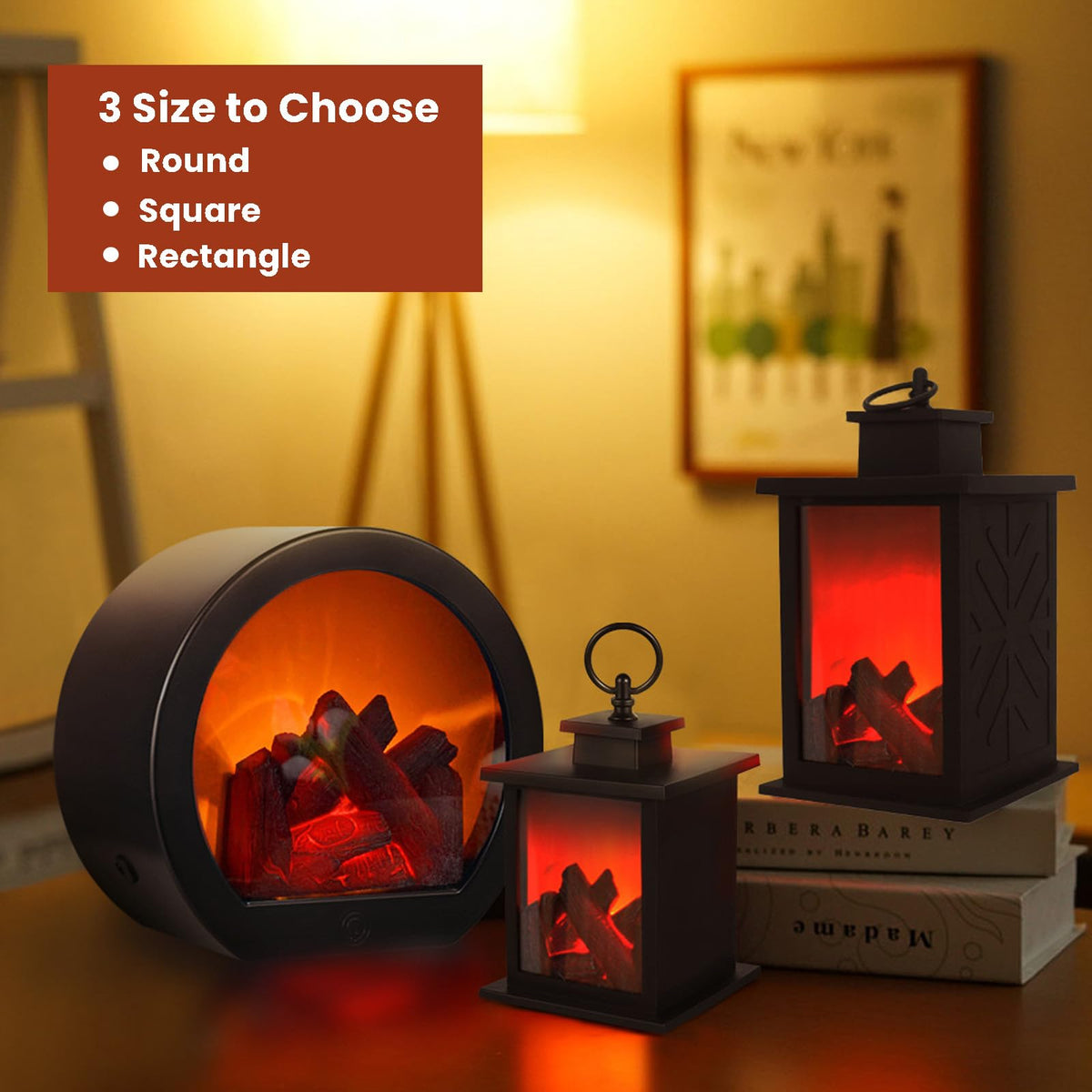 Ragyzity Decorative Flameless Portable LED Lanterns, Fireplace Light with LED Simulation Log Flame Effect, Touch Switch Simulation Flame for Home Christmas Decor
