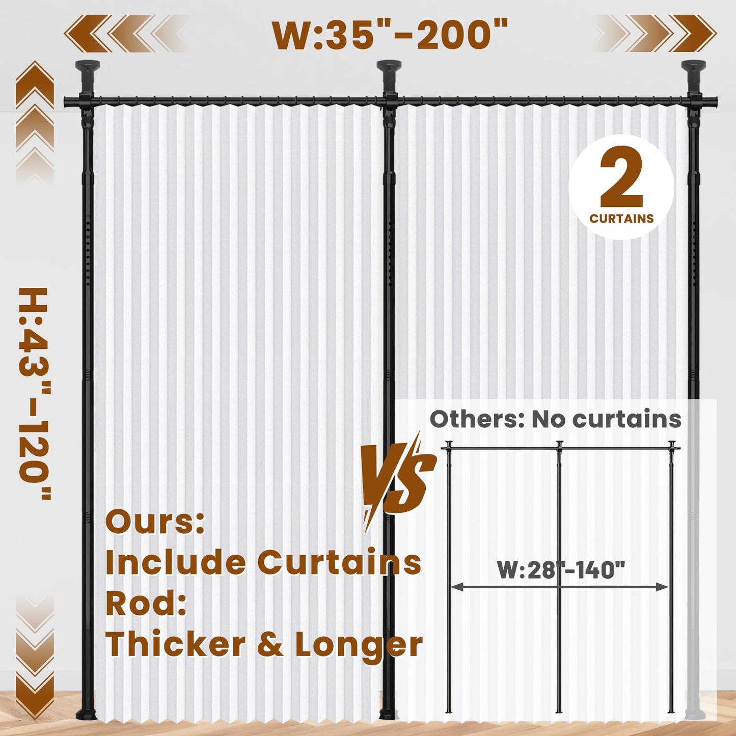100% Blackout Room Divider Curtains Sets White 2 Panels W100 x L84in No Drill Curtain Rods(H) 43-120×(W) 35-200 in for Studio Apartment Dorm Office