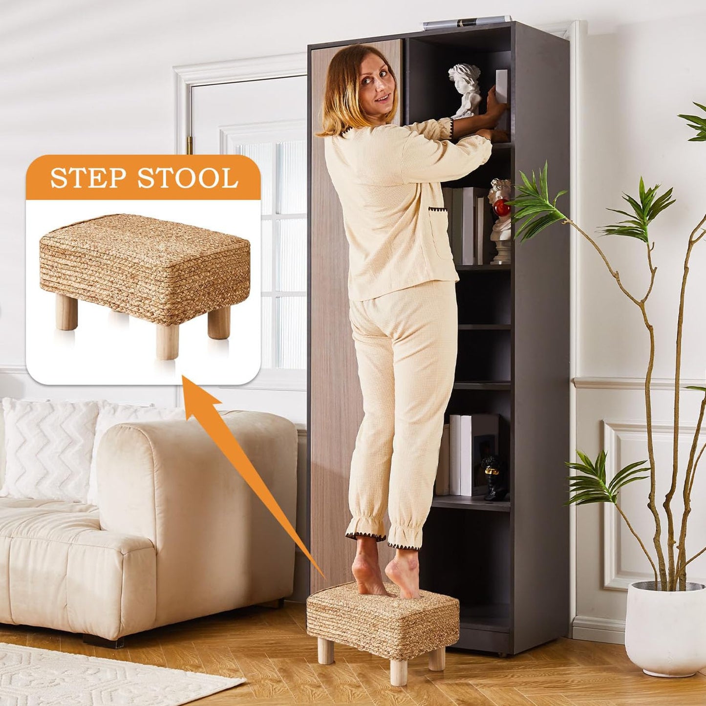 Wimarsbon Natural Seagrass Footstool Ottoman Rectangular Footrest Pouf Ottomans with Wooden Legs Hand Weave Step Stool for Living Room Bedroom Entryway Natural