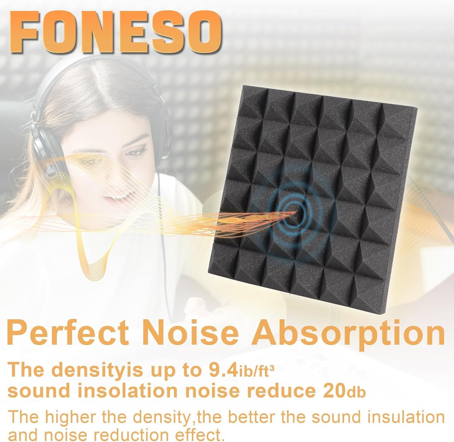 Foneso Acoustic Foam Panels, 12''x12''x2'' High Density Sound Proof Foam Panels for Walls, Pyramid Designed Acoustic Panels Sound Absorbing for Sound Studio, Podcast Recording and Offices (12Pack)
