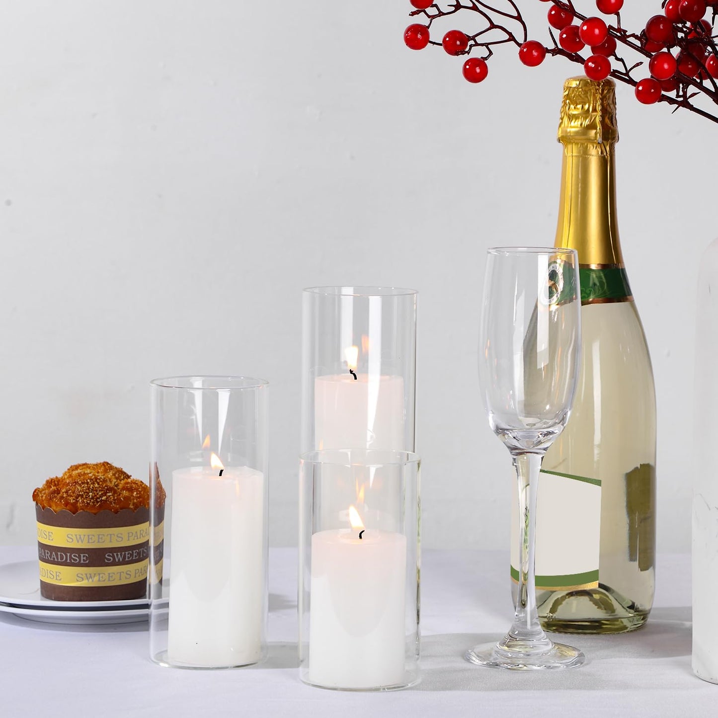 Shihanee Set of 12 Pillar Candles and Glass Cylinder Vases Clear Cylinder CandleHolders for Slim Pillar Candles Wedding Centerpieces(2.6'' X 4.7'', 5.9'', 7.9'',White)