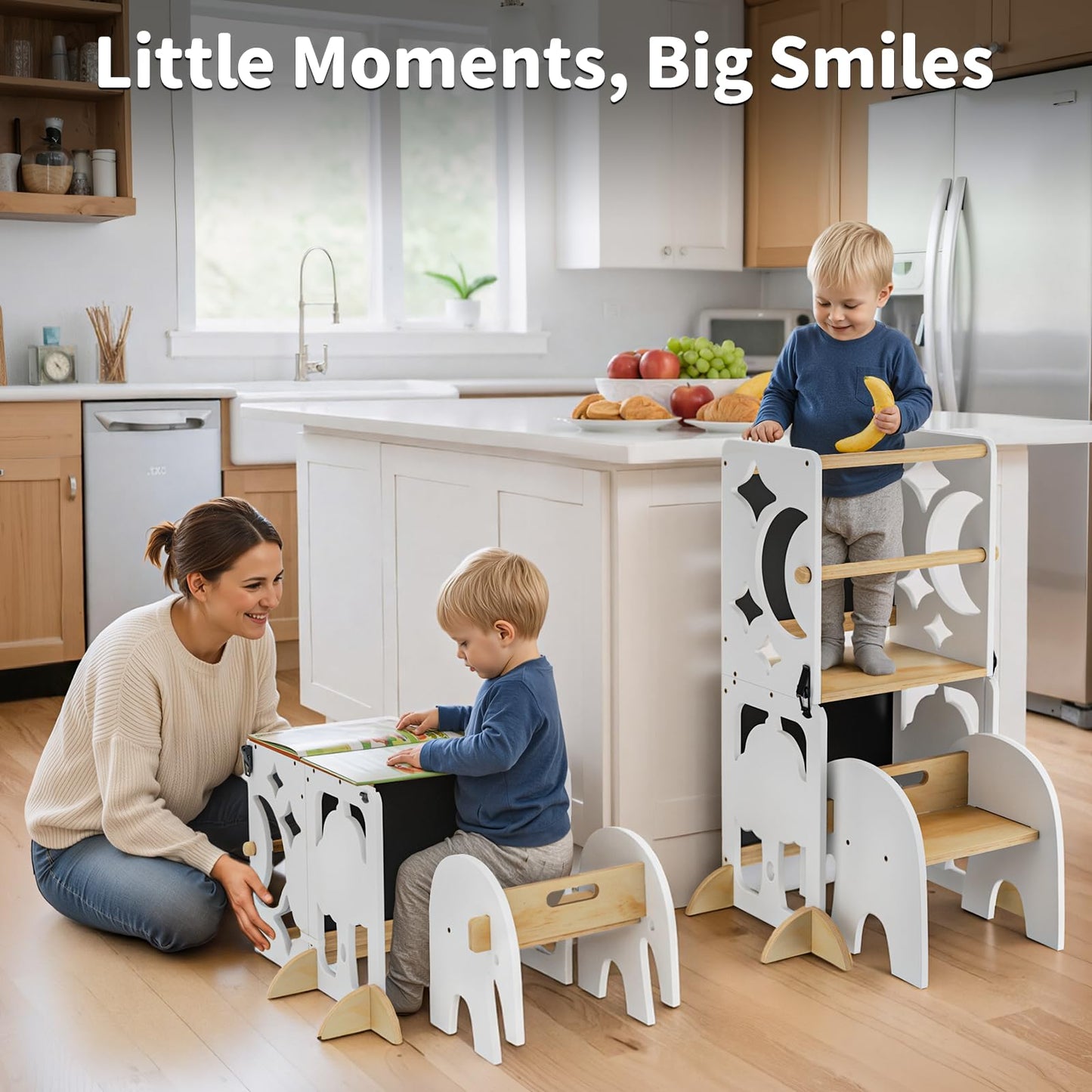 COSYLAND 4-in-1 Toddler Kitchen Stool Helper with Safety Rail, Foldable Toddler Standing Tower with Double Blackboard, Kids Learning Desk and Chair Set, White and Natural
