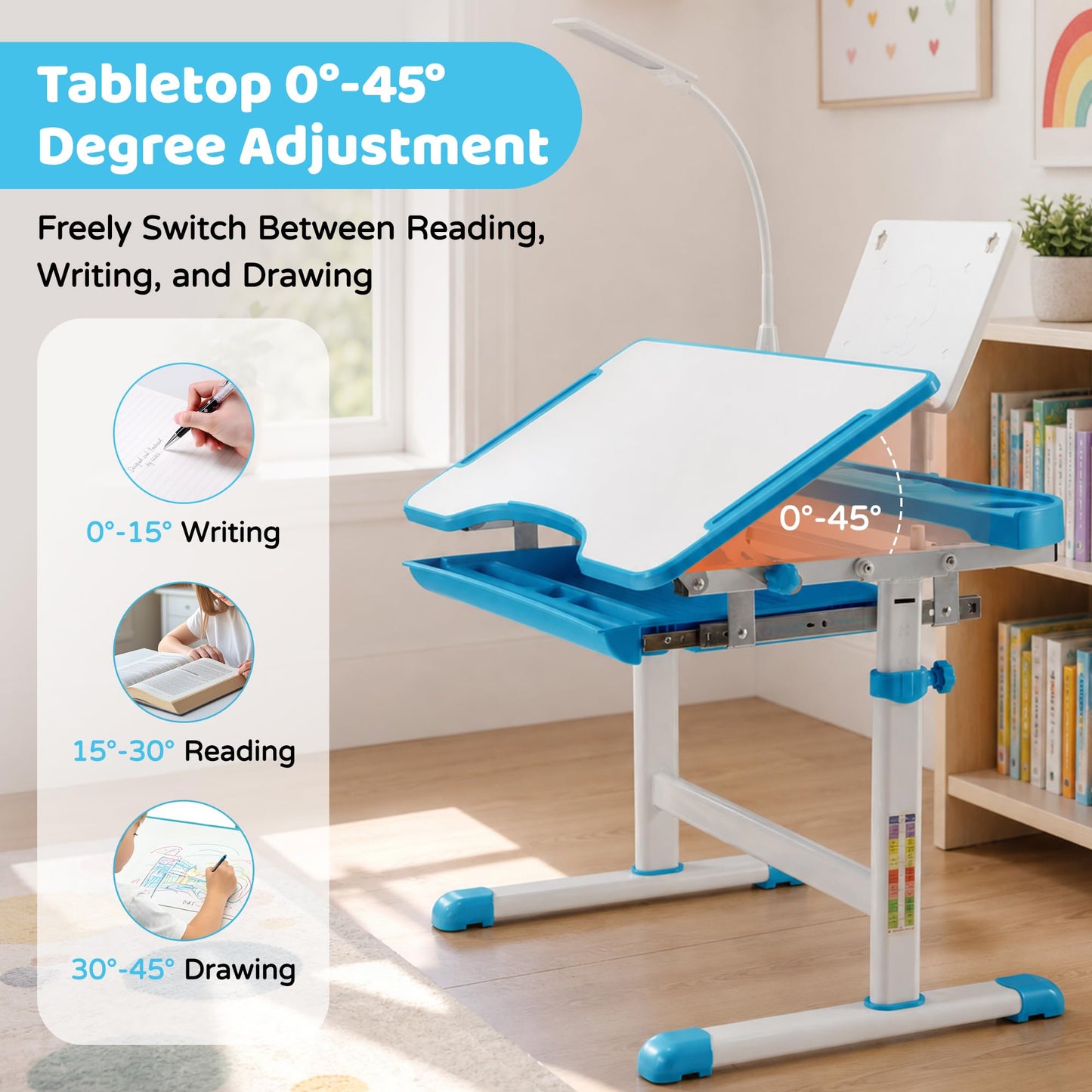Diroan Kids Functional Desk and Chair Set, Ergonomic Height Adjustable Children School Study Desk with Tilt Desktop, Book Stand, LED Light, Metal Hook and Storage Drawer for Boys Girls(Blue)
